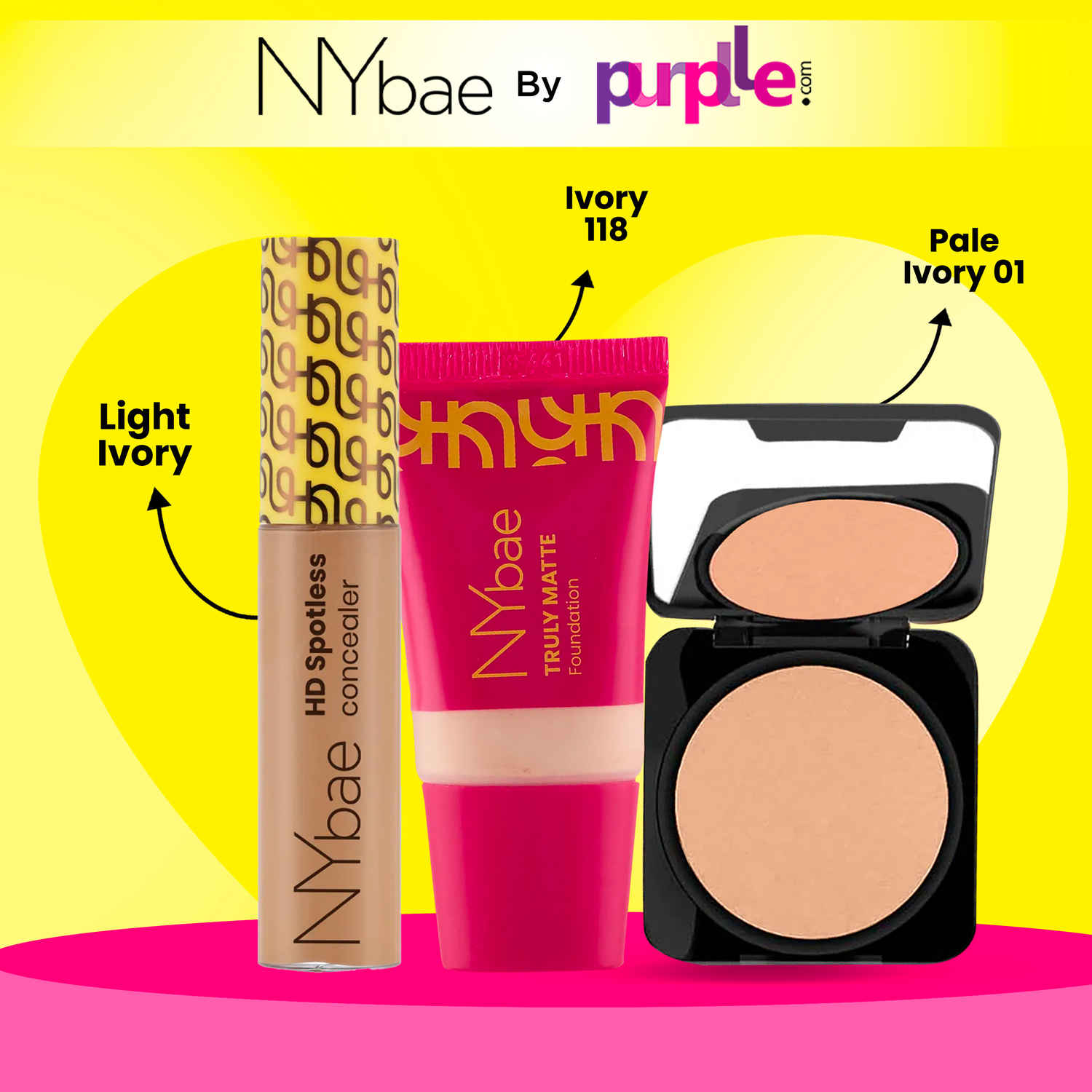 Buy NY Bae Perfect Base Combo (Light Skin) | Spotless Concealer - Light Ivory | SPF 50 Matte Foundation Ivory 118 | Compact Powder - Pale Ivory | Long Lasting | Creaseless Makeup Kit Combo of 3 - Purplle