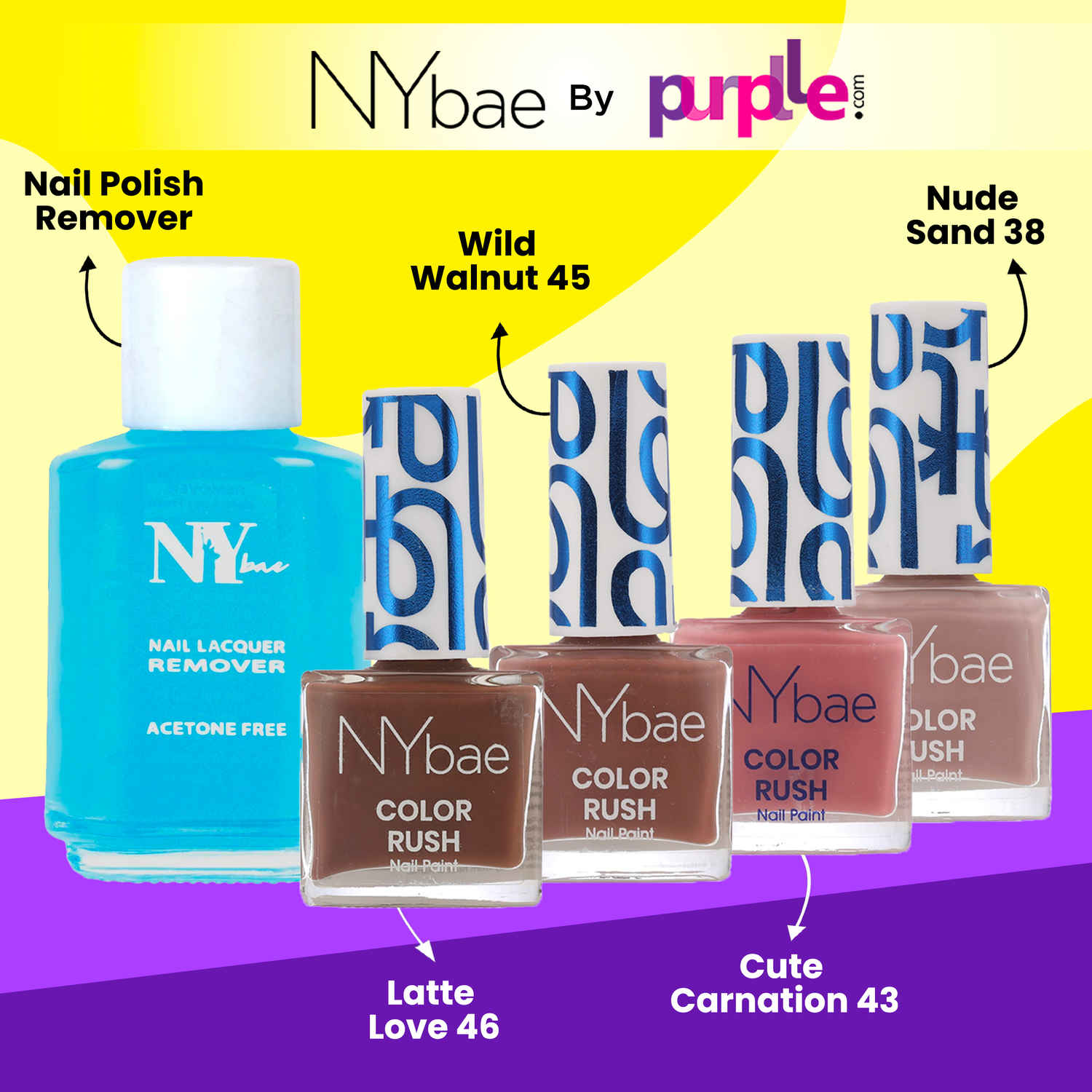 Buy NY Bae Color Rush Nail Paint Set + Remover - Natural Nudes 04 | Chip Resistant | Acetone Free | Long Lasting | Quick Dry | Glossy Gel Nail Paint Combo (5.6 ml*4) + Nail Polish Remover (30 ml) Combo of 5 - Purplle