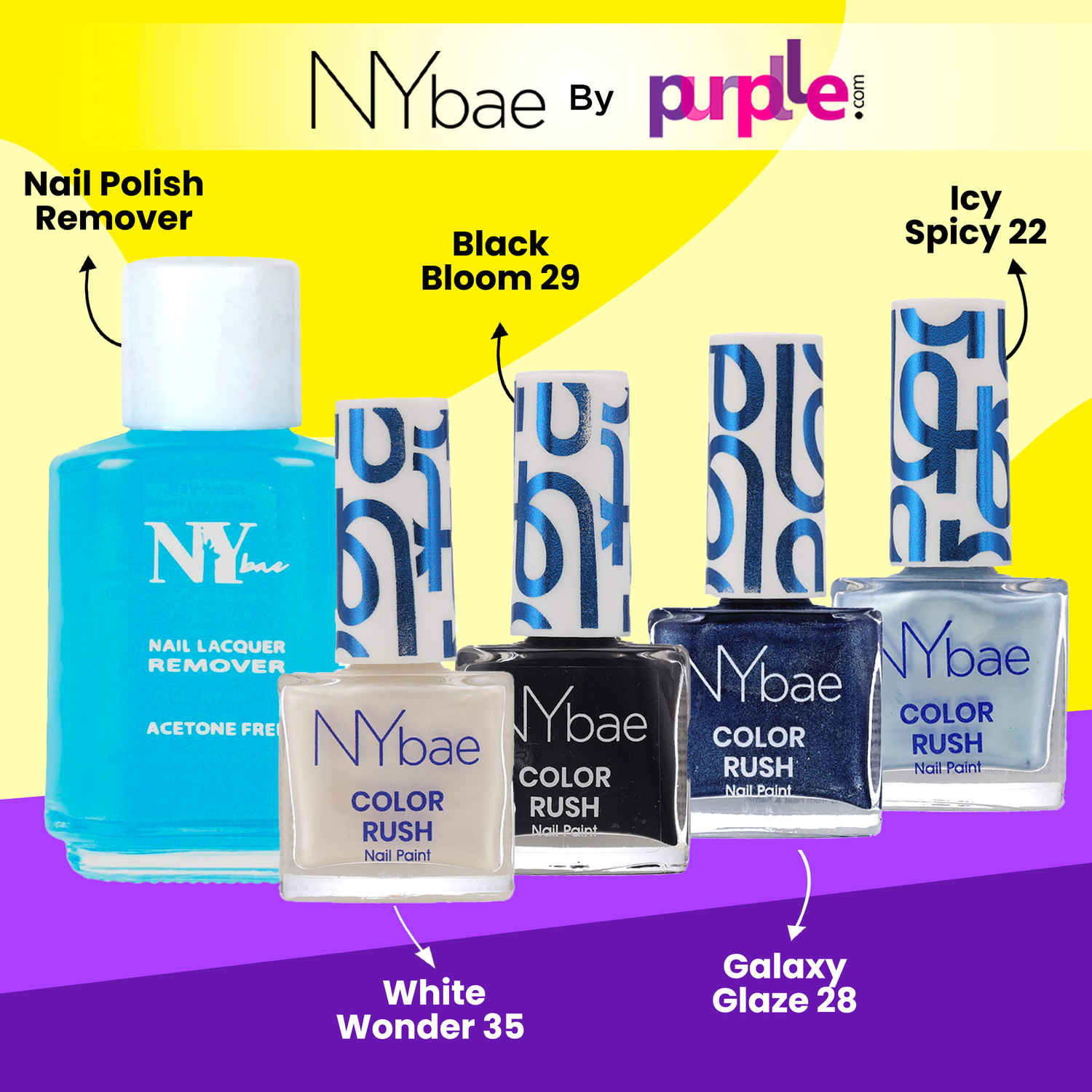 Buy NY Bae Color Rush Nail Paint Set + Remover - Midnight Magic 06 | Chip Resistant | Acetone Free | Long Lasting | Quick Dry |Glossy Gel Nail Paint Combo (5.6 ml*4) + Nail Polish Remover (30 ml) Combo of 5 - Purplle