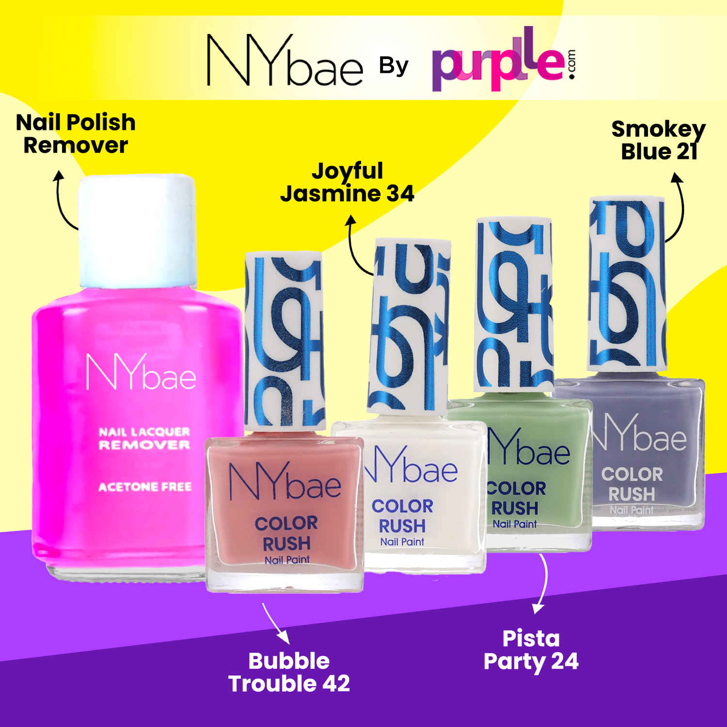 Buy NY Bae Color Rush Nail Paint Set + Remover - Pretty Pastels 08| Chip Resistant |Acetone Free | Long Lasting | Quick Dry | Glossy Gel Nail Paint Combo (5.6 ml*4) + Nail Polish Remover (30 ml) Combo of 2 - Purplle