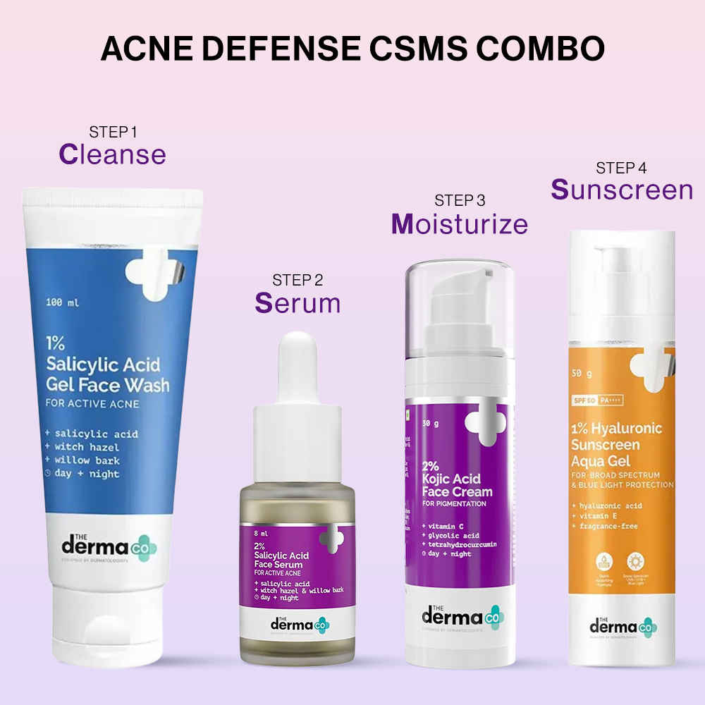 Buy The Derma Co. Acne Defense CSMS Combo : Salicylic Acid Daily Face Wash (100 ml) + 2% Salicylic Acid Face Serum (8 ml) + Kojic Acid Face Cream (30g) + Hyaluronic Sunscreen Aqua Gel (50g) - Combo of 4 - Purplle