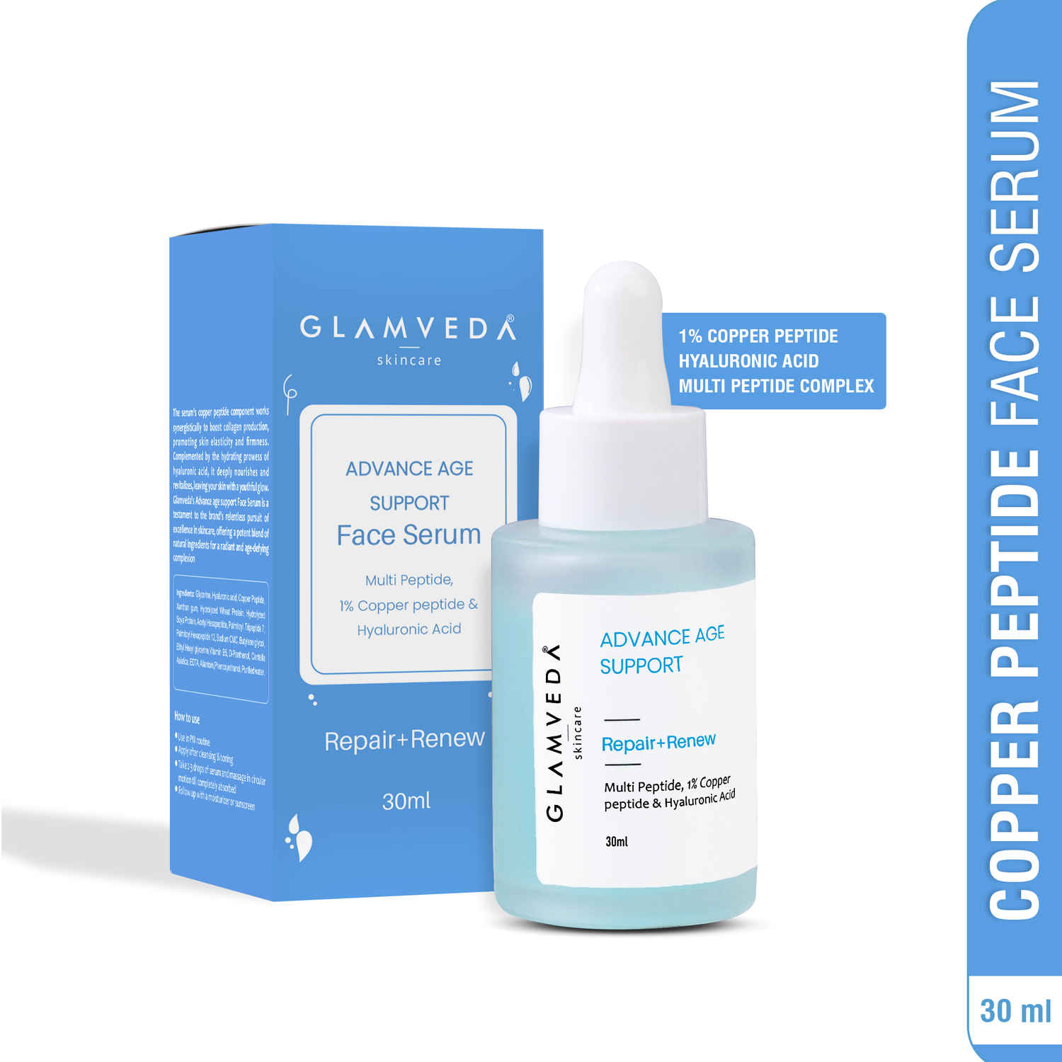 Buy Glamveda 1% Copper peptide with Multi peptide & hyaluronic acid Advance Age Support Face Serum | Reduces signs of ageing, Boosts collagen, reduces & smoothens wrinkle| Restores youthfull glow| All Skin Types 30 ml - Purplle