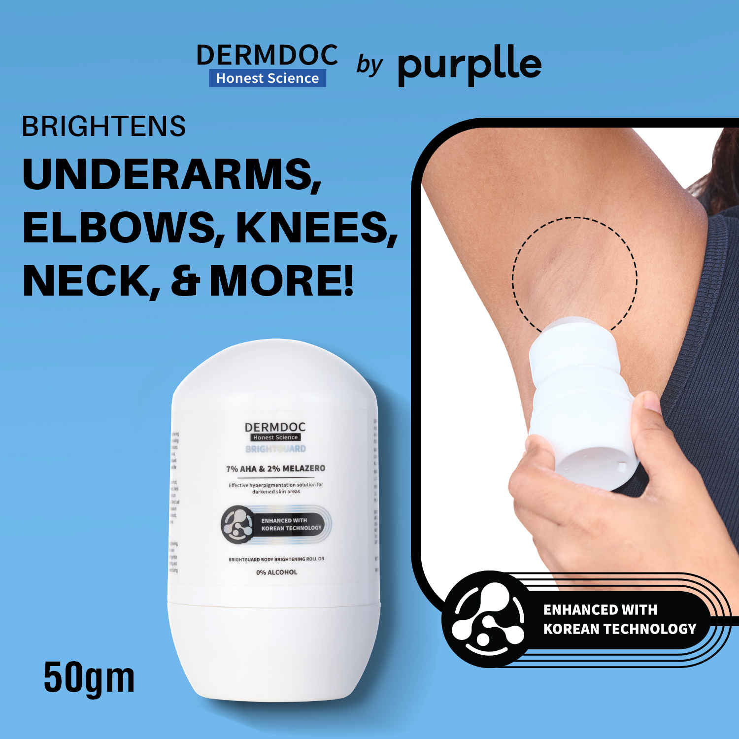 Buy DERMDOC 7% AHA & 2% Melazero BrightGuard Underarm & Body Brightening Roll On (50 gm) | Treats Darkened Skin Areas, Underarm & Body Hyperpigmentation | Suitable For All Skin Types  - Purplle