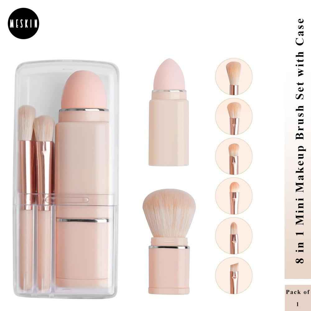 Buy MeSkin Travel Makeup Brushes Set: 8-in-1 Mini Foundation Brush, Portable Face Powder Brush, Blush Concealers, Eye Makeup Brushes, Puff Sponge with Organizers and Storage Boxes (Pink) - Purplle