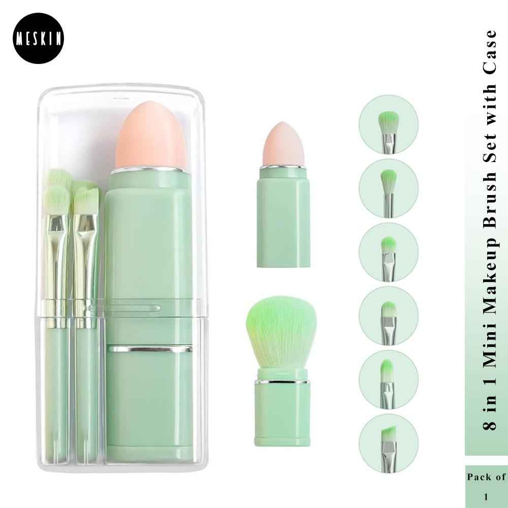 Buy MeSkin Travel Makeup Brushes Set: 8-in-1 Mini Foundation Brush, Portable Face Powder Brush, Blush Concealers, Eye Makeup Brushes, Puff Sponge with Organizers and Storage Boxes (Green) - Purplle