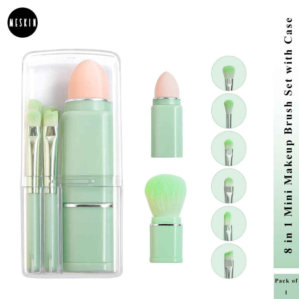 Buy MeSkin Travel Makeup Brushes Set: 8-in-1 Mini Foundation Brush, Portable Face Powder Brush, Blush Concealers, Eye Makeup Brushes, Puff Sponge with Organizers and Storage Boxes (Green) - 1 pc - Purplle