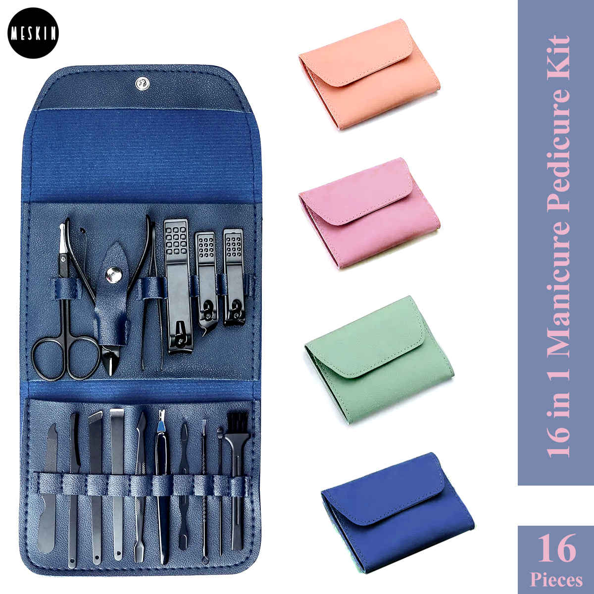 Buy MeSkin 16-in-1 Manicure Pedicure Kit - Nail Cutter, Scissors, Tweezers, Eyebrow Tools & More - Professional Grooming Set with Leather Travel Case - Ideal for Women and Men - Foot, Hand & Face Care-Assorted Colors - 1 pc - Purplle