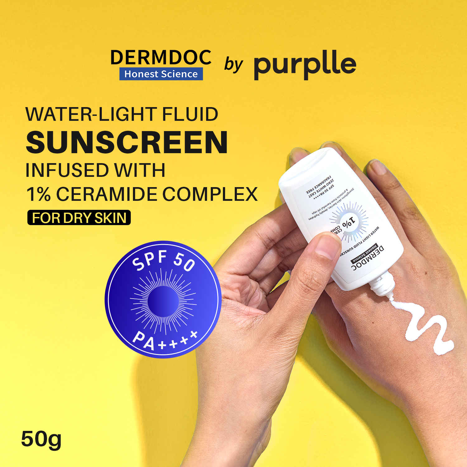 Buy DERMDOC SPF 50 1% Ceramide Complex Water Light Fluid Sunscreen (50 gm) | PA++++ | Sunblock | Lightweight | Non-Sticky I No White Cast | Non-Comedogenic | Suitable for Dry Skin - Purplle