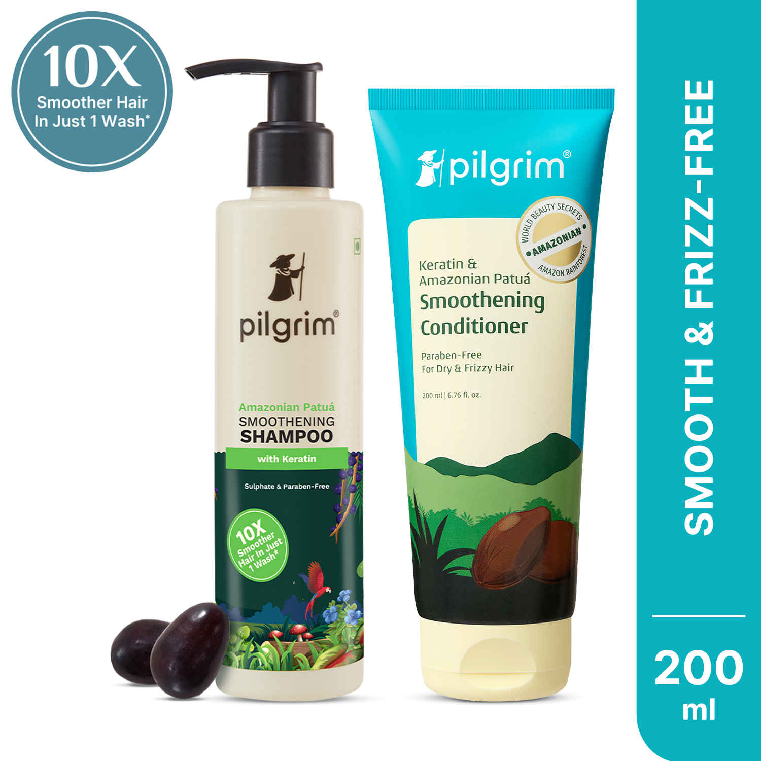 Buy Pilgrim Patua Hair Smoothening Shampoo & Conditioner Duo for Frizz-Free Hair | Sulfate-Free | Paraben-Free | 200 ml Each (400 ml) | Hair Fall Control | Smooth & Shiny Hair Combo of 2, Haircare kit - Purplle