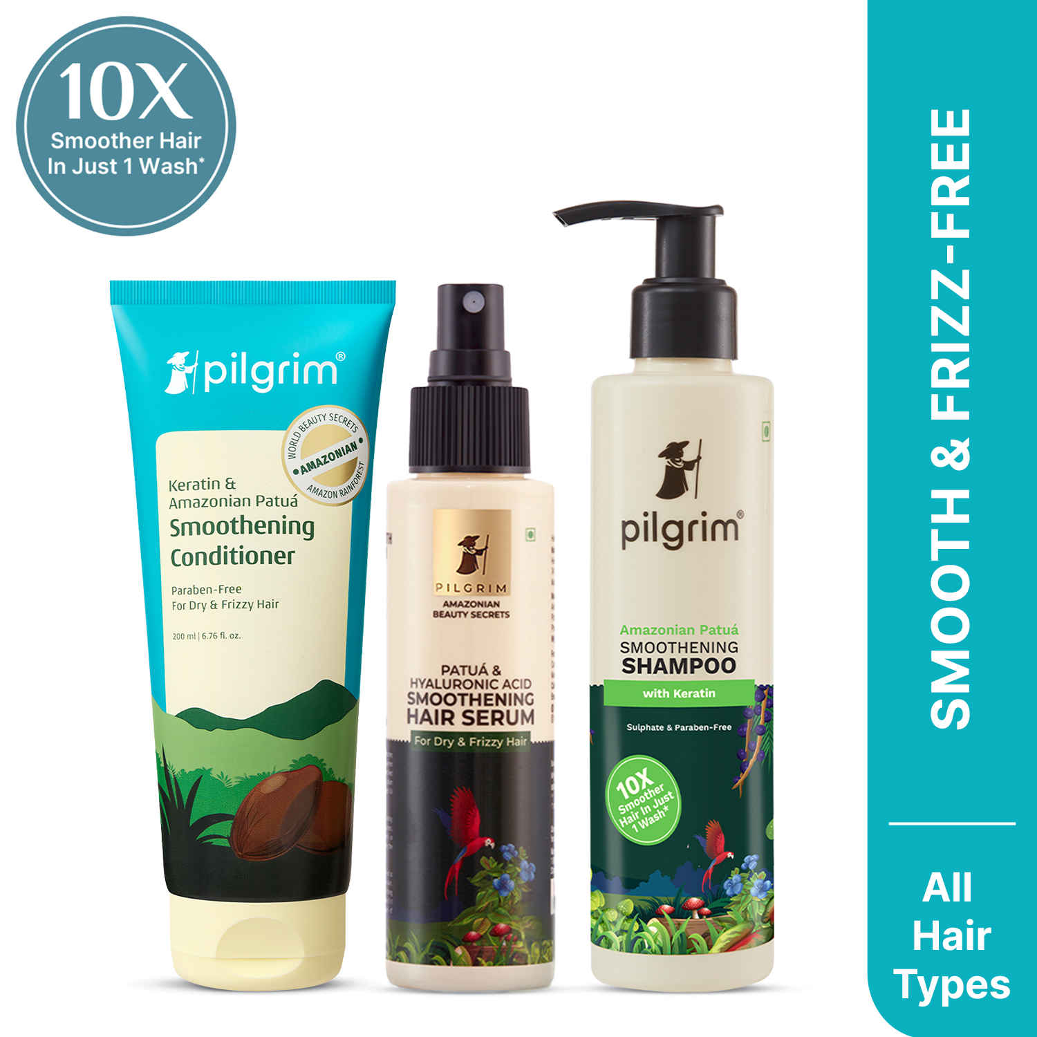 Buy Pilgrim Patua Hair Essential Trio | Smoothening Shampoo | Conditioner | Serum for Frizz-Free Nourished Hair | Sulfate-Free | 200 ml + 200 ml + 100 ml, Combo of 3, Skincare Kit - Purplle