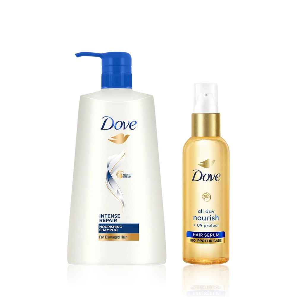 Buy Dove Intense Repair Shampoo (650 ml) + Dove All Day Nourish + UV protect Hair serum 48 ml, for all hair types - Combo of 2 - Purplle