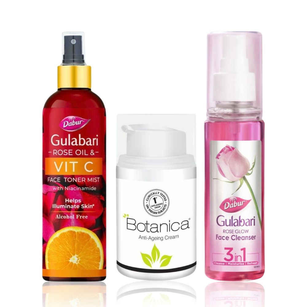 Buy Winter Skin Care Combo : Dabur Gulabari Rose Glow Face Cleanser 100 ml + Rose Oil & Vitamin C Face Toner Mist with Niacinamide 100 ml + Botanica Anti-Ageing Cream 50 gm (100 ml+100 ml+50 gm) | For even skin tone & anti ageing - Purplle