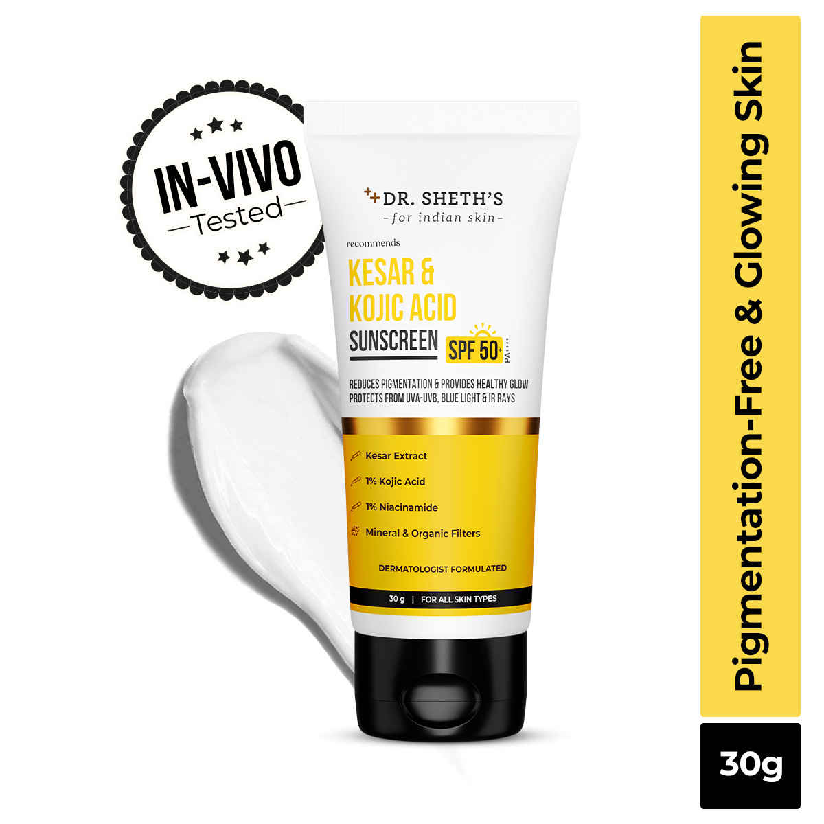 Buy Dr. Sheth's Kesar & Kojic Acid Sunscreen SPF 50+ Pa++++ |In-Vivo Tested | For Pigmentation-Free Skin | Lightweight & Non Greasy | For UVA/UVB & Blue Light & IR Protection | No White Cast | For All Skin Types | For Men & Women | 30 gm - Purplle