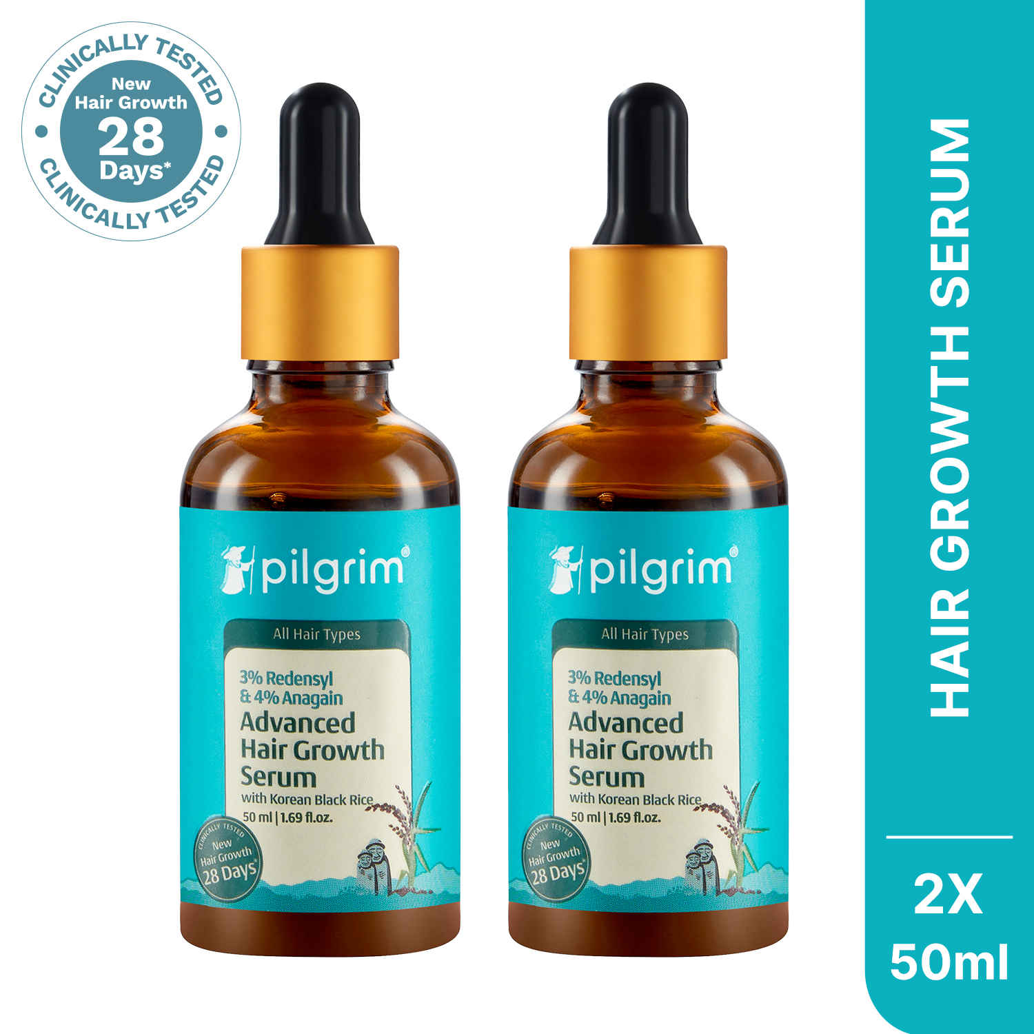 Buy Pilgrim Advanced Hair Growth Serum – Pack of 2| With Redensyl, Anagain & Korean Black Rice | Hair Fall Control | Boosts Growth | Non-Greasy | 100 ml | For All Hair Types - Purplle