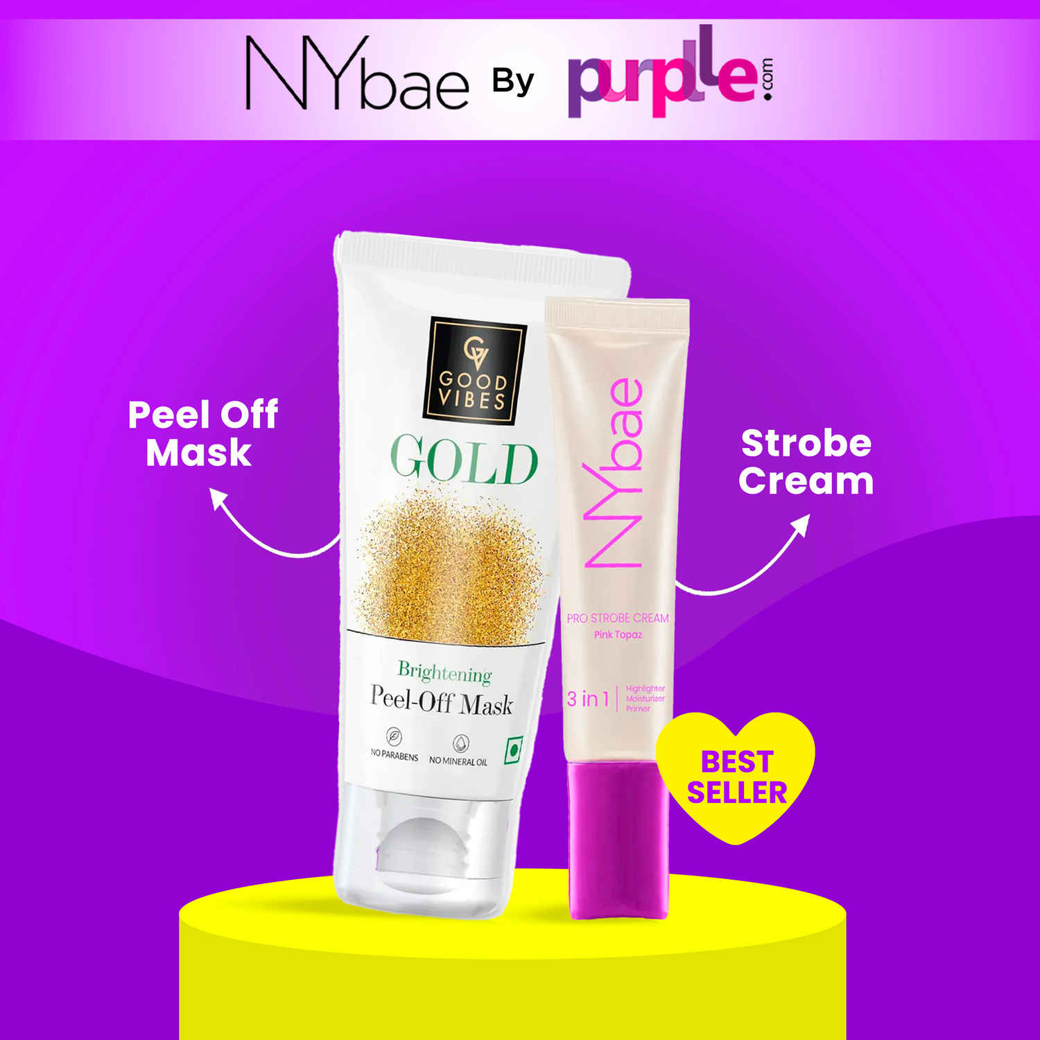 Buy Good Vibes x NY Bae Golden Glow Kit By Purplle | Bestsellers | Strobe Cream Pink Topaz (12) | Peel Off Mask (50 gm) | Korean Skin | Brightening Kit - Purplle