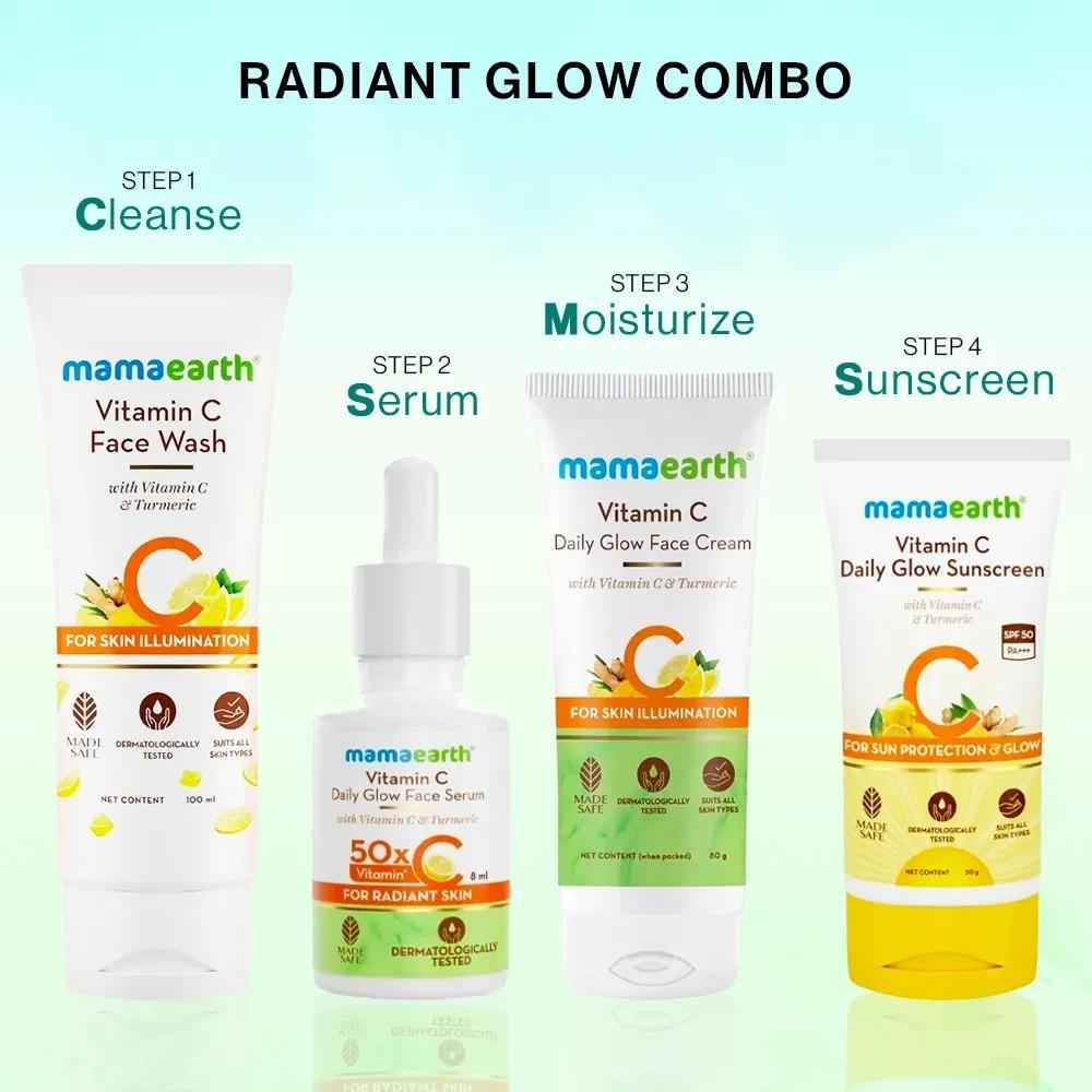 Buy Mamaearth Vitamin C CSMS Combo : Vitamin C Face Wash (100 ml) + Vitamin C Daily Glow Face Serum (8 ml) + Vitamin C Daily Glow Face Cream (80 gm) + Vitamin C Sunscreen (50 gm) - Purplle