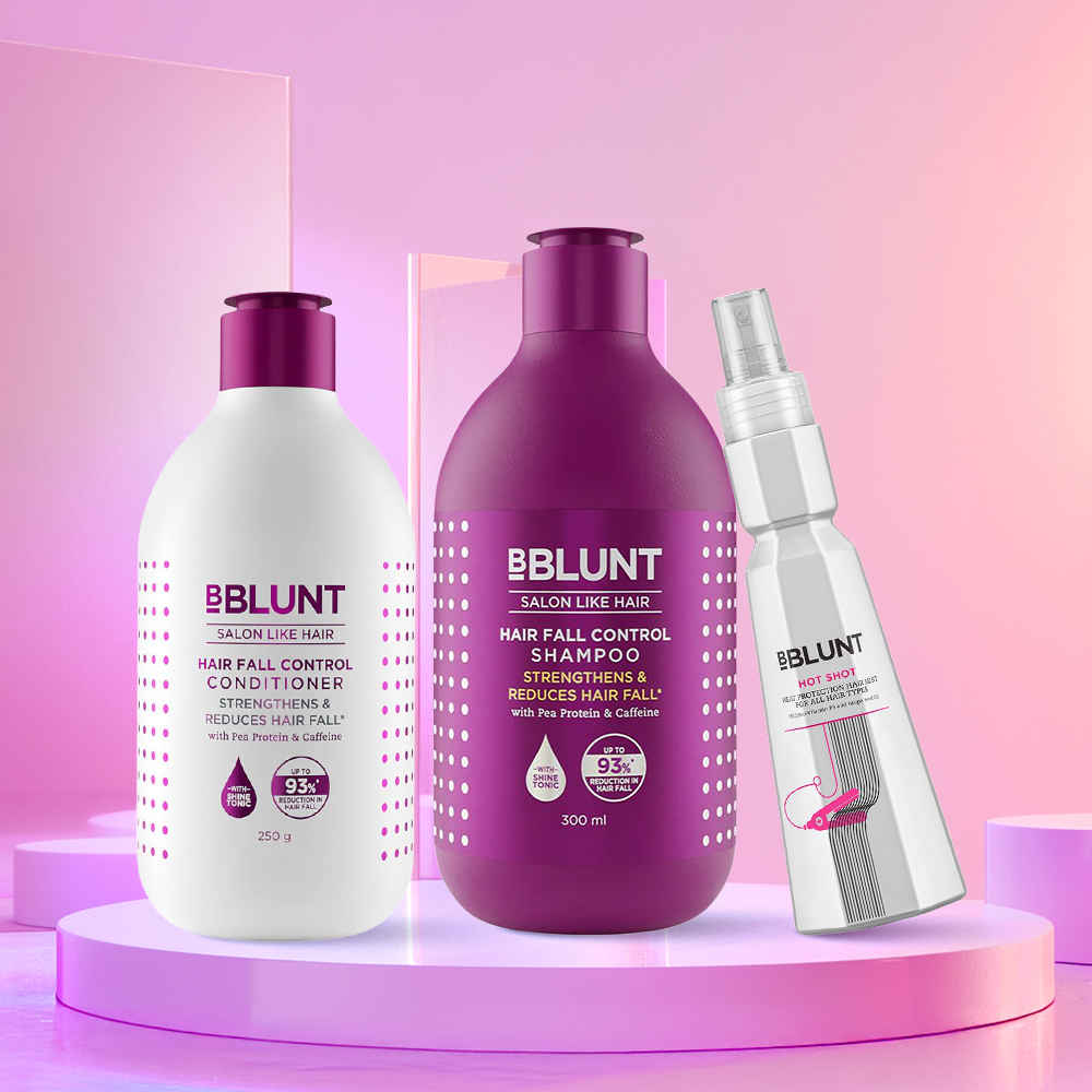 Buy BBLUNT Hair Fall Control Combo (Hair Fall Control Shampoo-300ml + Hair Fall Control Conditioner-250g + Hot Shot Heat Protection Mist-150ml) - Combo of 3 - Purplle