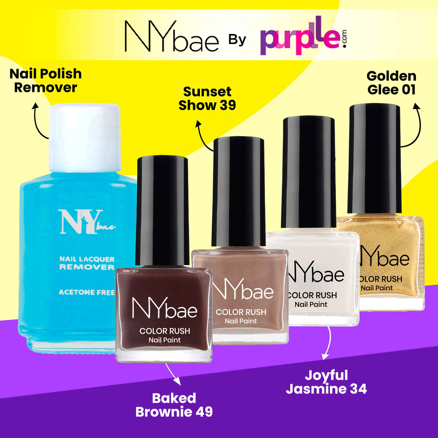 Buy NY Bae Color Rush Nail Paint Set - Everyday Essentials 09 | Chip Resistant | Long Lasting | Quick Dry | Glossy Gel Nail Paint Combo (5 ml*4) + Nail Polish Remover (30 ml) - Purplle