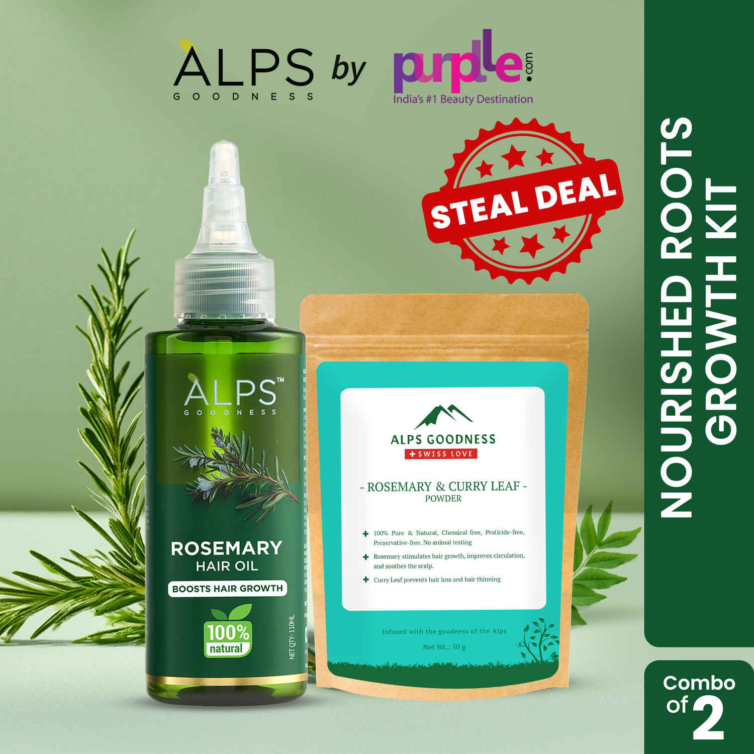 Buy Alps Goodness Nourishing Growth Power Pack with Rosemary Hairl Oil (110 ml) and Rosemary & Curry Leaf Powder | Hair Strenghtening | Scalp Nourishment Combo of 2 - Purplle