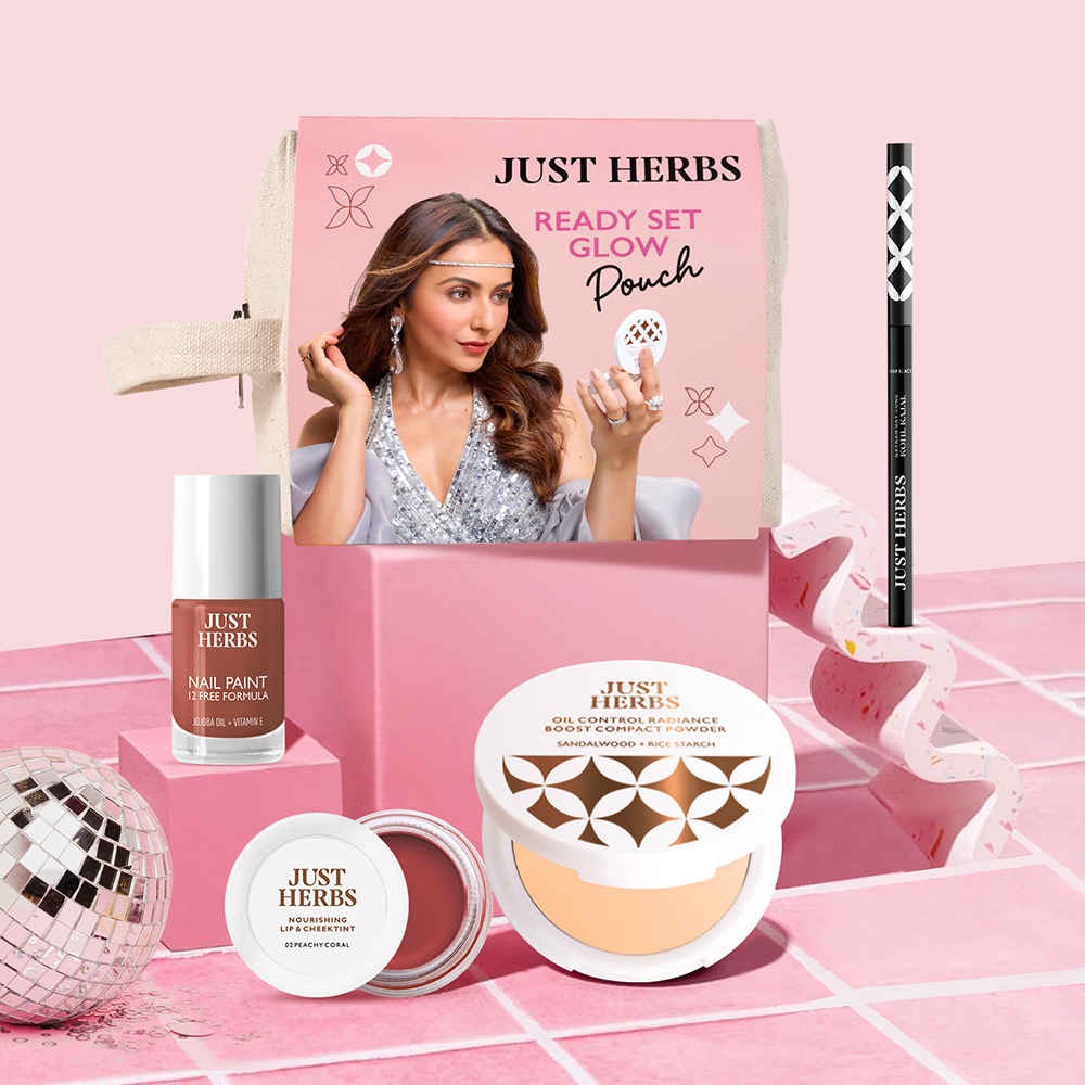 Buy Just Herbs Ready Set Glow Pouch - Compact (ivory), Deep Black Kajal, Lip & Cheek tint, Nail Polish - Sweet Gingerbread Combo of 4 - Purplle