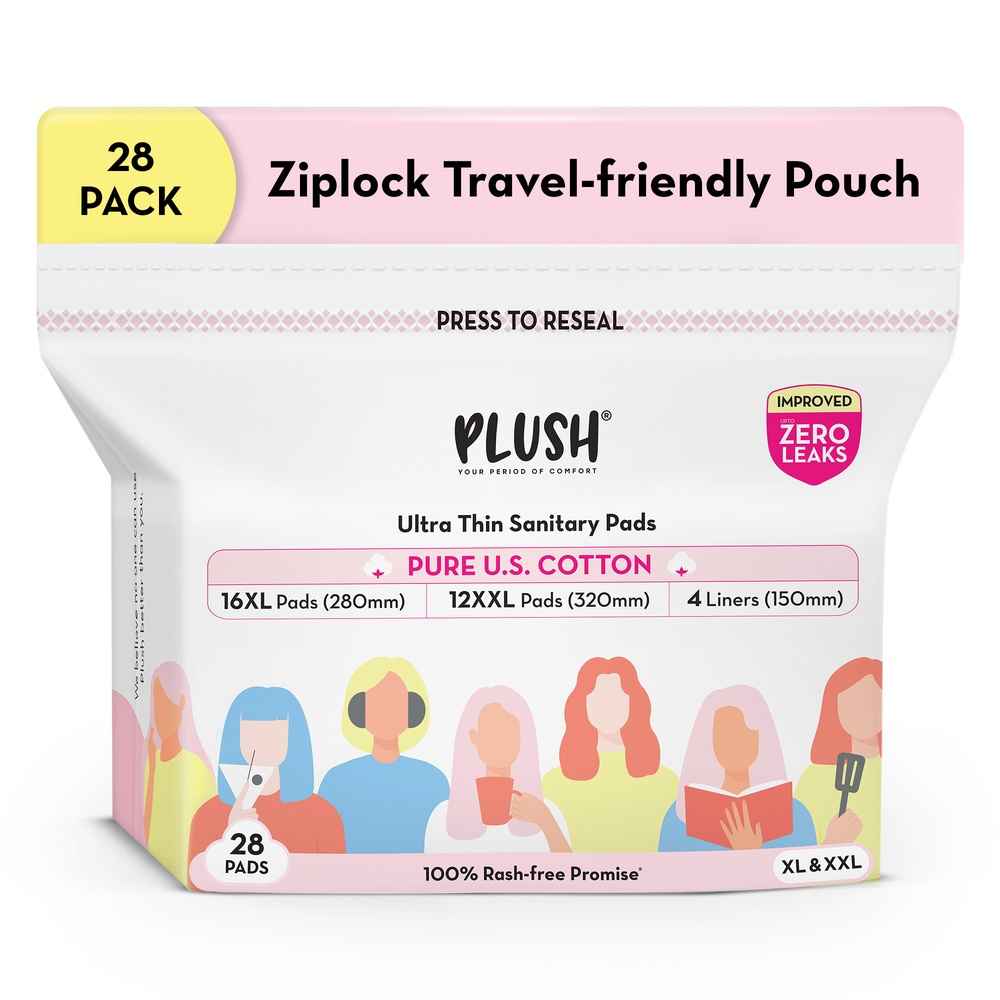 Buy Plush Ultra-Thin Sanitary Pads For Women, 28 Cotton Sanitary Napkins | 12 Heavy Flow XXL pads + 16 Medium Flow XL pads + 4 Panty Liners For Rash Free Periods | Pure U.S. Cotton Pads With Re-sealable Pouch - Purplle