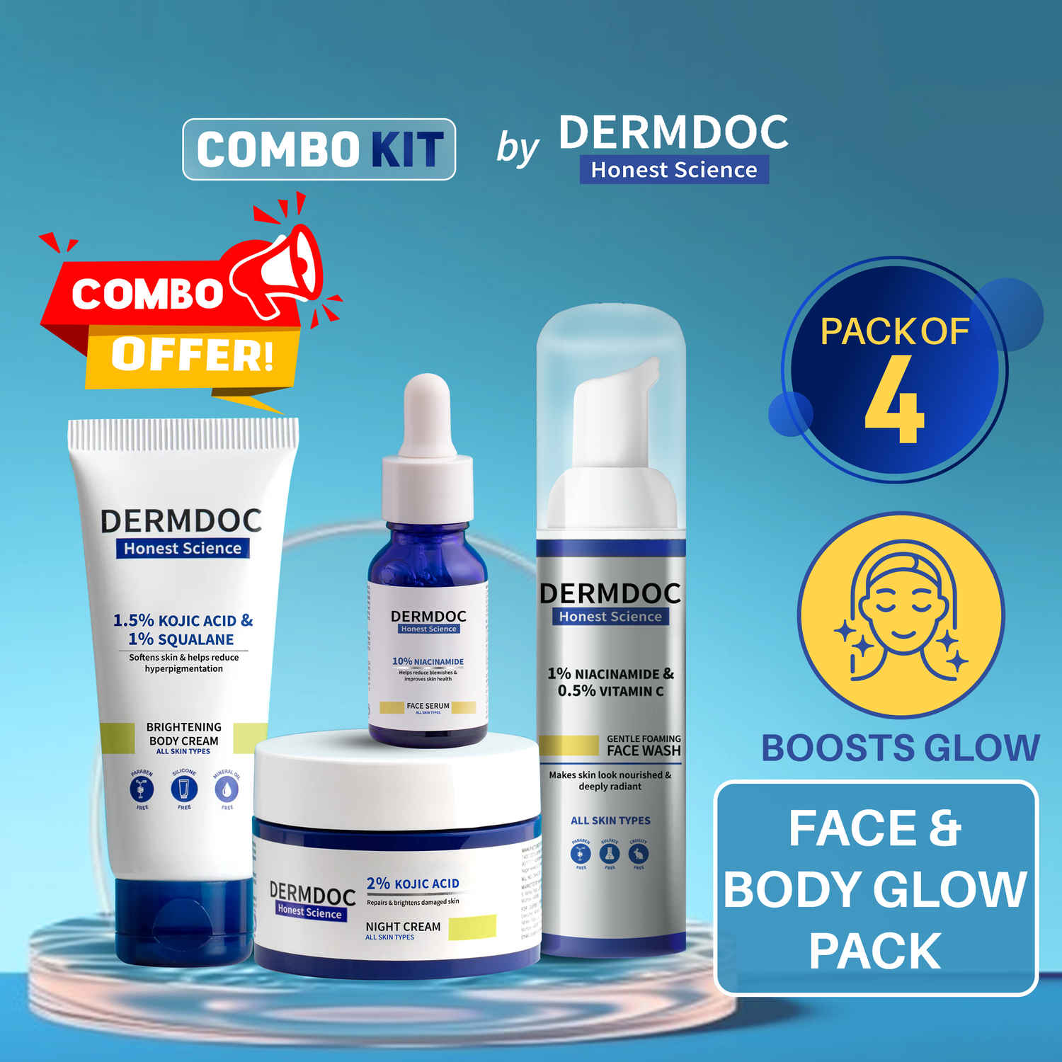 Buy DERMDOC Combo Kit for Face & Body Glow | niacinamide serum, brightening face wash, brightening body cream, kojic acid night cream | pack of 4 | festive glow kit Combo of 4 - Purplle