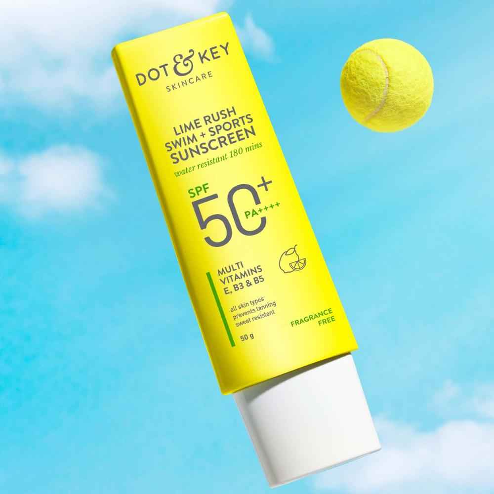 Buy Dot & Key Lime Rush Swim + Sports Sunscreen SPF 50+, PA++++ with 180 mins water resistant | Sports Sunscreen with Multivitamins E, B3 & B5 | Suitable for All Skin Types, prevents tanning & sweat resistant | 50 gm - Purplle