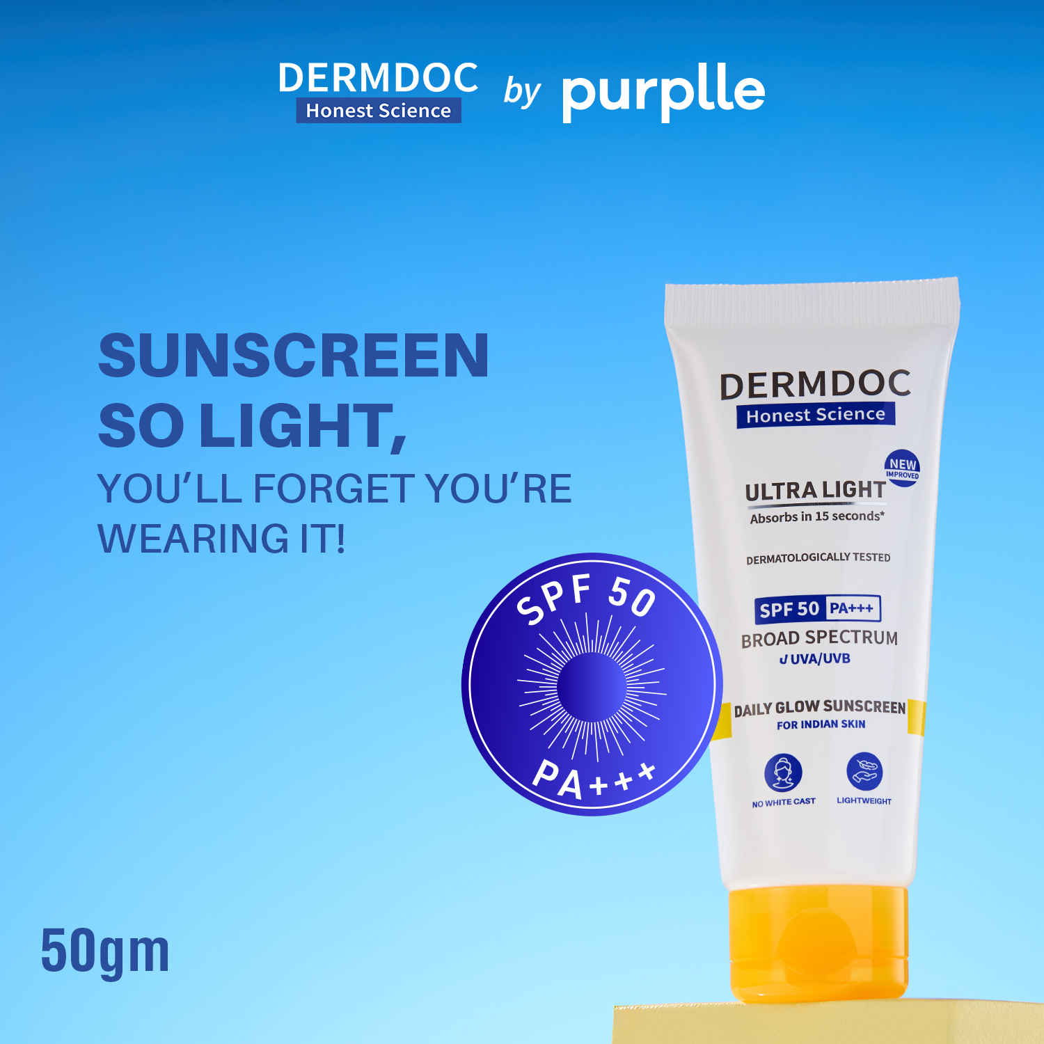Buy DERMDOC SPF 50 Ultra Light Daily Glow Sunscreen (50 gm) | PA+++ | Sunblock | Lightweight | Non-Greasy | 0 White Cast | Non-Comedogenic - Purplle
