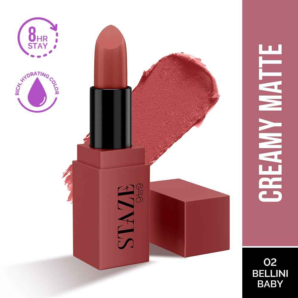 Buy Staze 9to9 Creme De La Matte Lipstick | Intense Color Payoff | Weightless Silky Formula | 12-Hour Stay | Non-Drying | 02 Bellini Baby | 4.2 gm - Purplle
