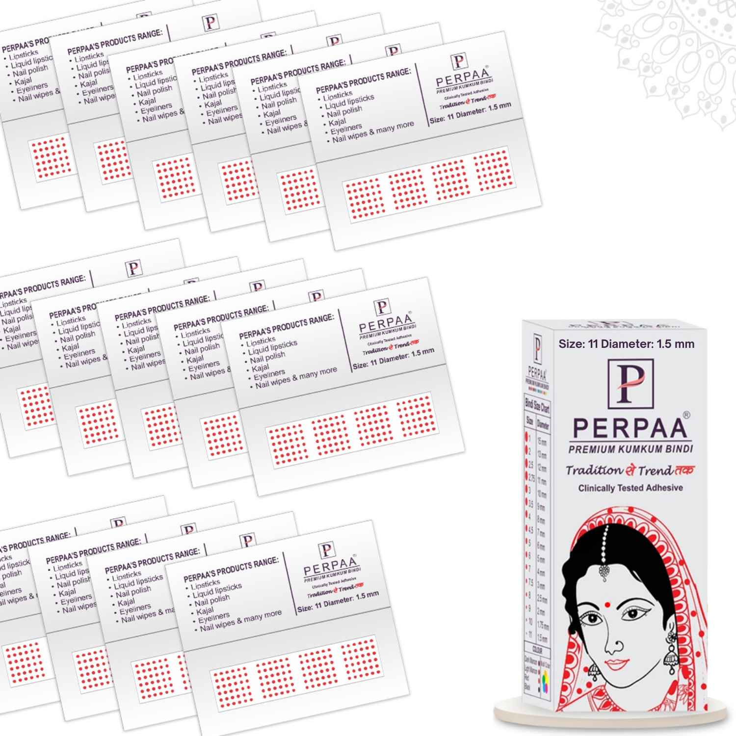 Buy PERPAA Premium Velvet Sticker Kumkum Bindi Box of 15 Flaps (Size 11, Diameter 1.5 mm, Red) 80 gm - Purplle