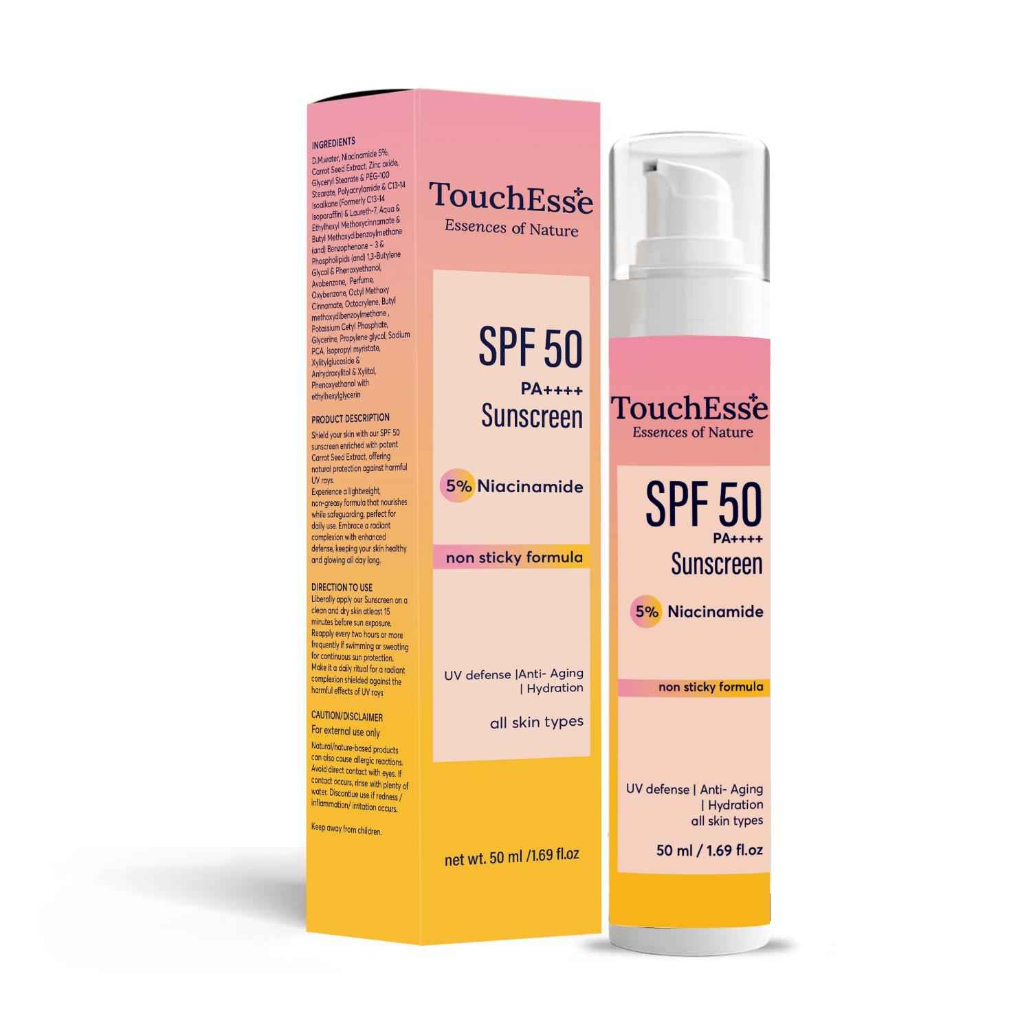 Buy ToucheEsse 5% Niacinamide Sunscreen SPF 50 PA++++ | UA Protection | Non-Stick No White Cast, Lightweight | Reduces Tan, Brightens Skin | All Skin Types | Women & Men | 50 gm - Purplle