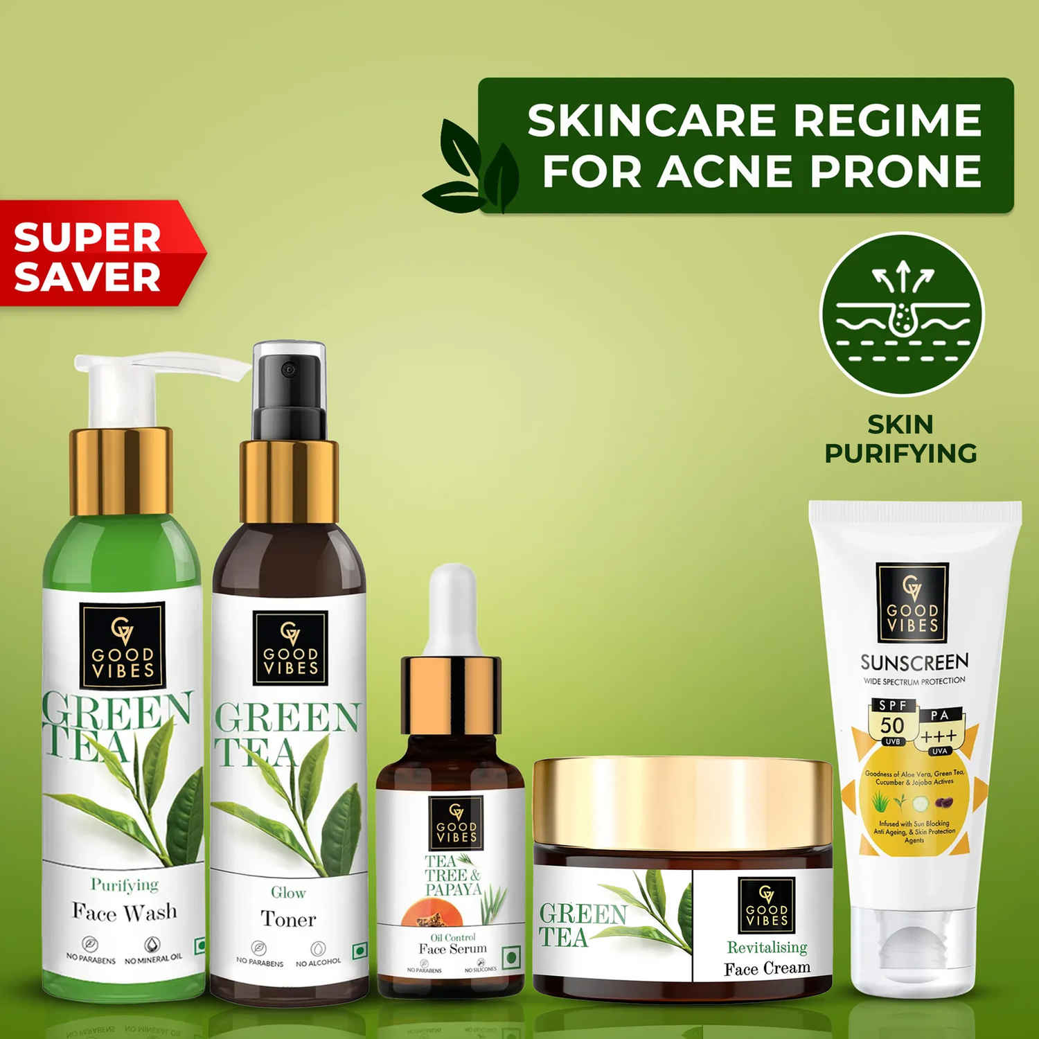 Buy Good Vibes Skincare Regime For Acne Prone (Green Tea Face Wash 120 ml, Green Tea Toner 120 ml, Tea Tree & Papaya Face Serum 10 ml, Tea Tree Nourishing Gel 50 g, Sunscreen with SPF 30 - 100 gm) - Purplle