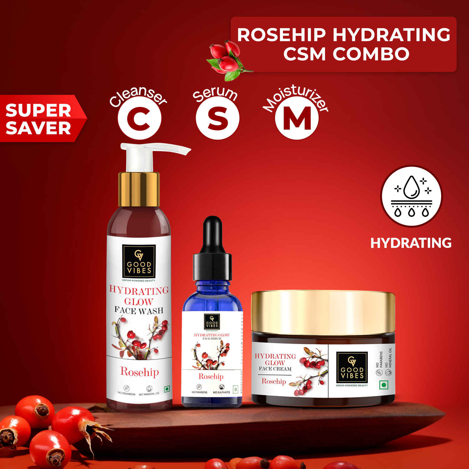Buy Good Vibes Rosehip Hydrating CSM Combo (Set of 3) (Facewash + Serum + Moisturizer) - Purplle