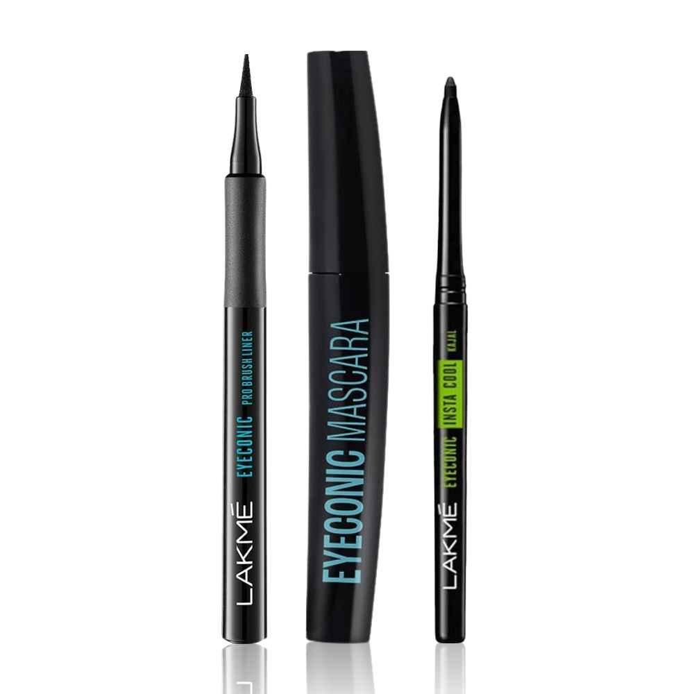 Buy Lakme Eyeconic Combo ( Lakme Eyeconic Pro Brush Liner, Black, 1.2 ml + Lakme Eyeconic Curling Mascara - Black (9 ml) + Lakme Eyeconic Insta Cool Kajal, Deep Black, 0.35 gm) - Purplle