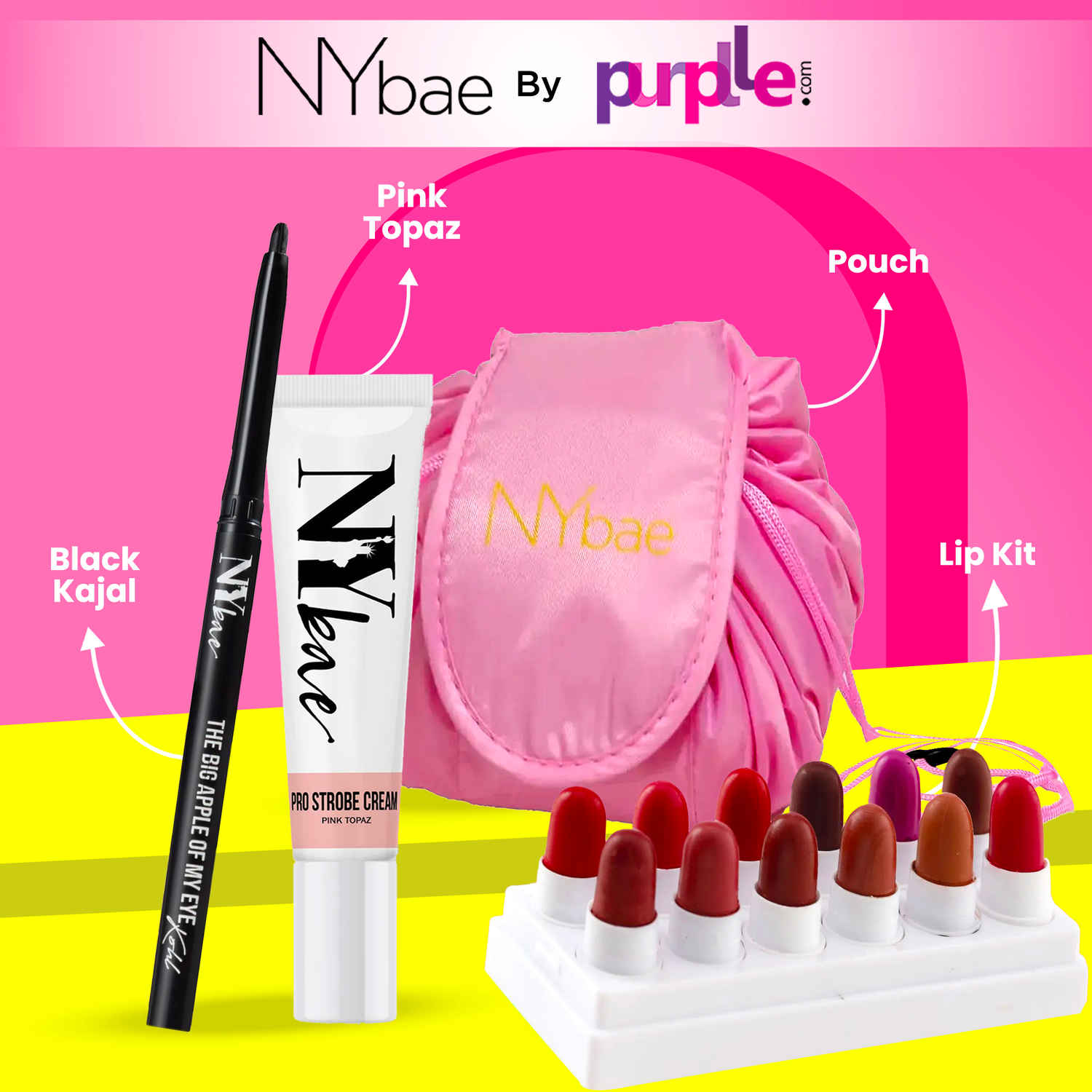 Buy NY Bae Makeup Travel Kit | PRO Strobe Cream - Pink Topaz (12 gm)| The Big Apple Of My Eyes Kohl Kajal (0.30) g | 12 In 1 Mini Lip Kit Set (14.4 gm) Brown & Nude Lipstick | Cosmetic Travel Pouch - Purplle
