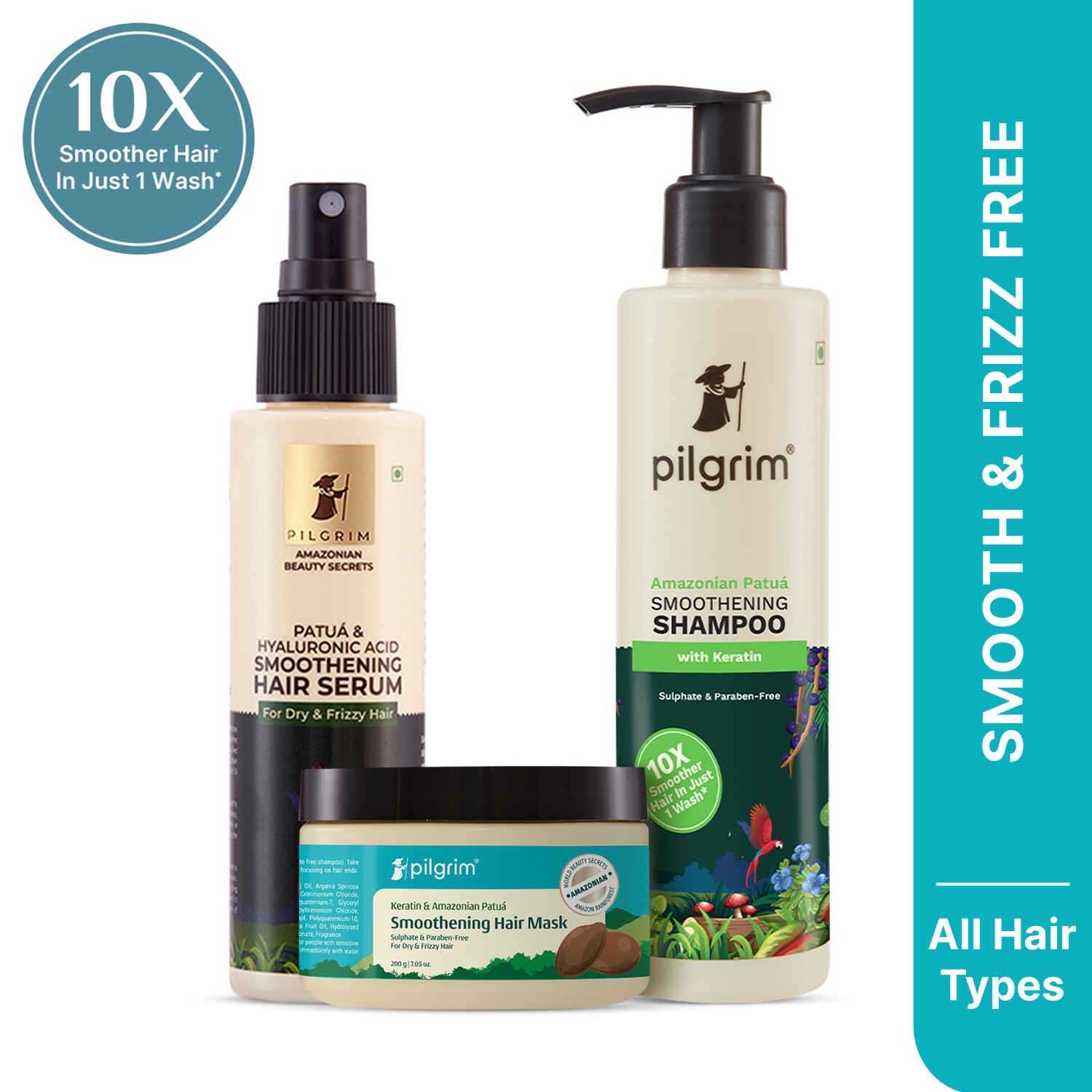 Buy Pilgrim Patua Hair Essential Trio | Smoothening Shampoo | Conditioner | Serum for Frizz-Free Nourished Hair | Sulfate-Free | 200 ml + 200 ml + 100 ml,Combo of 3 Haircare KIt - Purplle