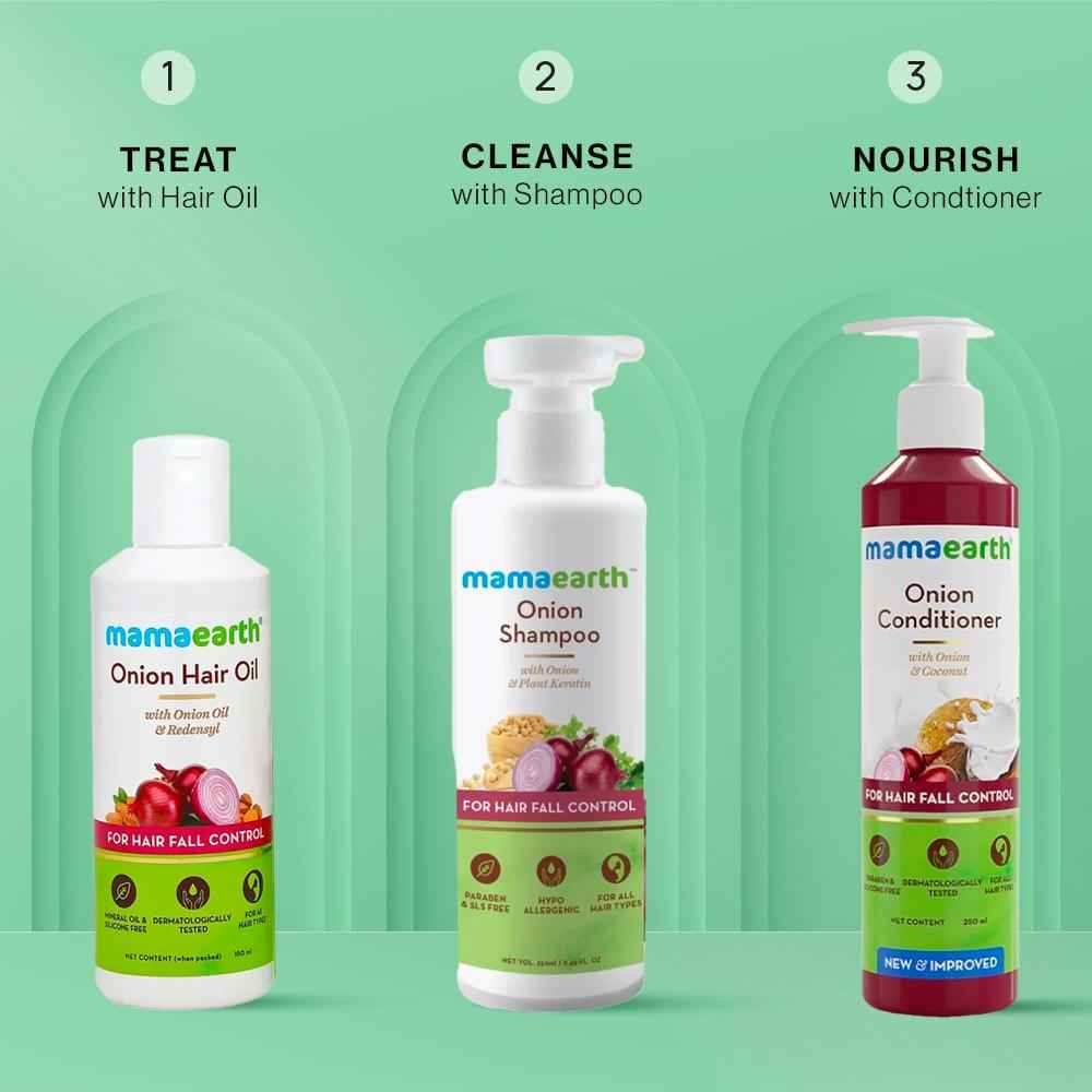 Buy Mamaearth Onion Hair Regrowth Trio: Onion Oil (150 ml) + Hair Fall Shampoo (250 ml) + Conditioner (250 ml) - Purplle