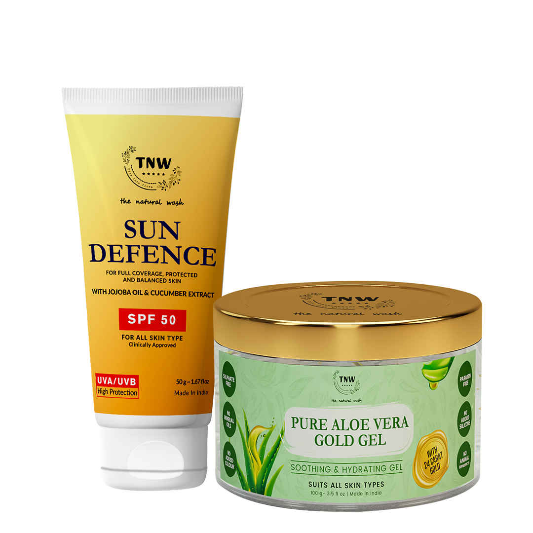 Buy TNW-The Natural Wash Combo of Aloe Vera Gold Gel & Sun Defence Sunscreen Cream | Beauty Gel For Acne ,Scars,Sunburn Treatment Prvents Dark Spots, 100 ml | SPF50 Lotion , Sun Protection For Face 50G - Purplle