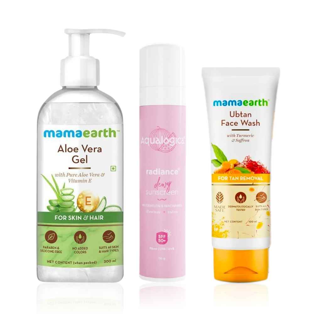 Buy Mamaearth x Aqualogica glowing skin kit ( Mamaearth ubtan face wash (100 ml) + Mamaearth aloe vera gel (300 ml)+ Aqualogica watermelon niacinamide sunscreen (50 gm)) - Purplle