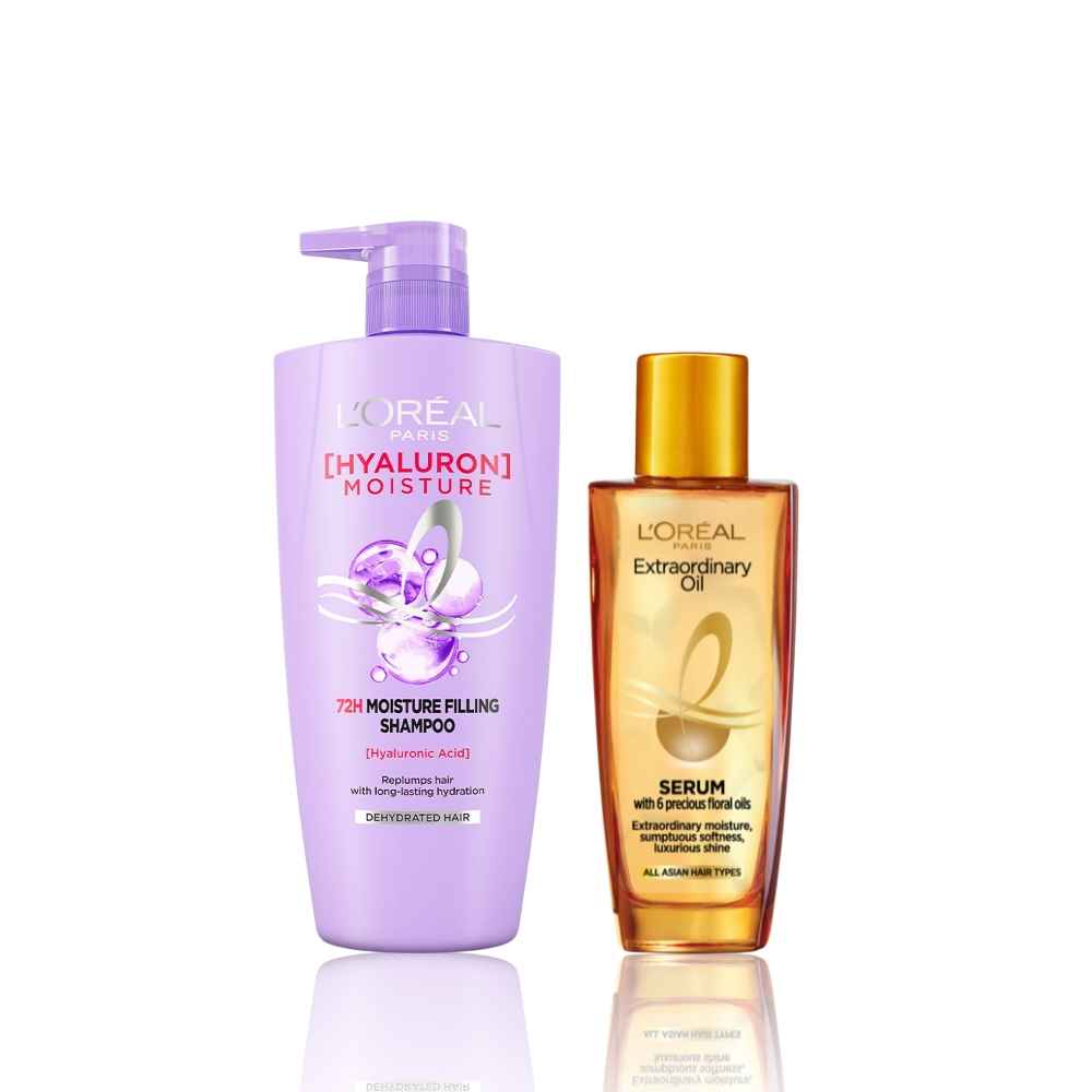 Buy L'Oreal Paris Ultimate Hair Moisture and Shine Duo 3 (Hyaluron Moisture 72H Moisture Shampoo (1L), Extraordinary Oil Serum (30 ml)) - Purplle