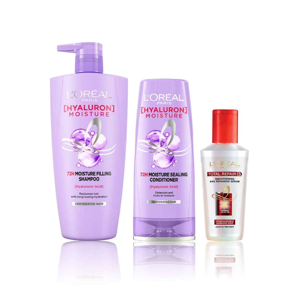 Buy L'Oreal Paris Everyday Hydration and Rejuvenation Hair Care Essentials 3 (Hyaluron Moisture 72H Moisture Shampoo (1L), Hyaluron Moisture 72H Moisture Conditioner (180ml), Total Repair 5 Serum (80 ml)) - Purplle