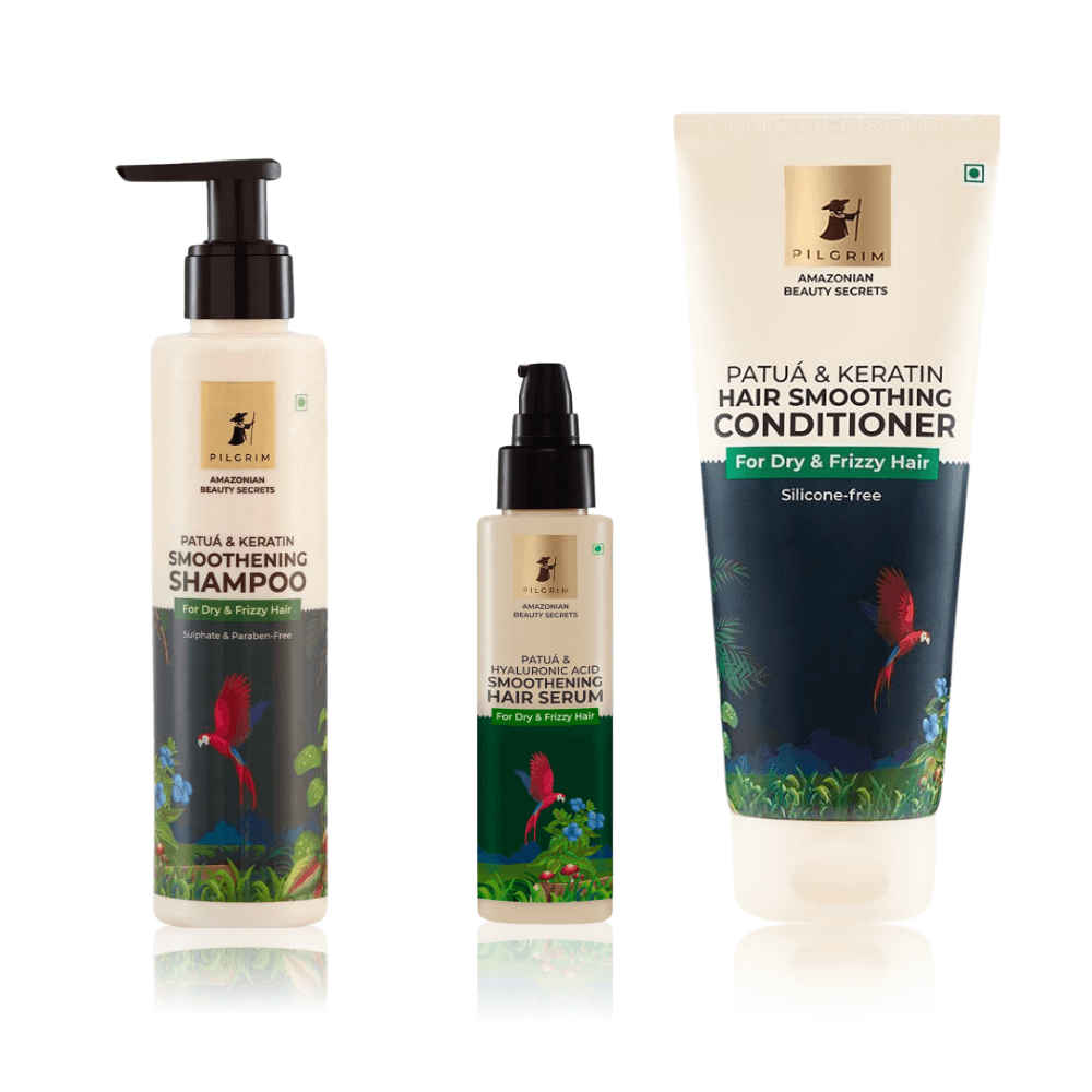Buy Pilgrim Patua Hair Care Trio – Smoothening Shampoo (200 ml), Conditioner (200 ml) & Hair Serum (100 ml) | Frizz-Free, Silky Hair | Nourishes, Repairs & Adds Shine | Sulfate-Free | For Men & Women, Combo of 3 - Purplle