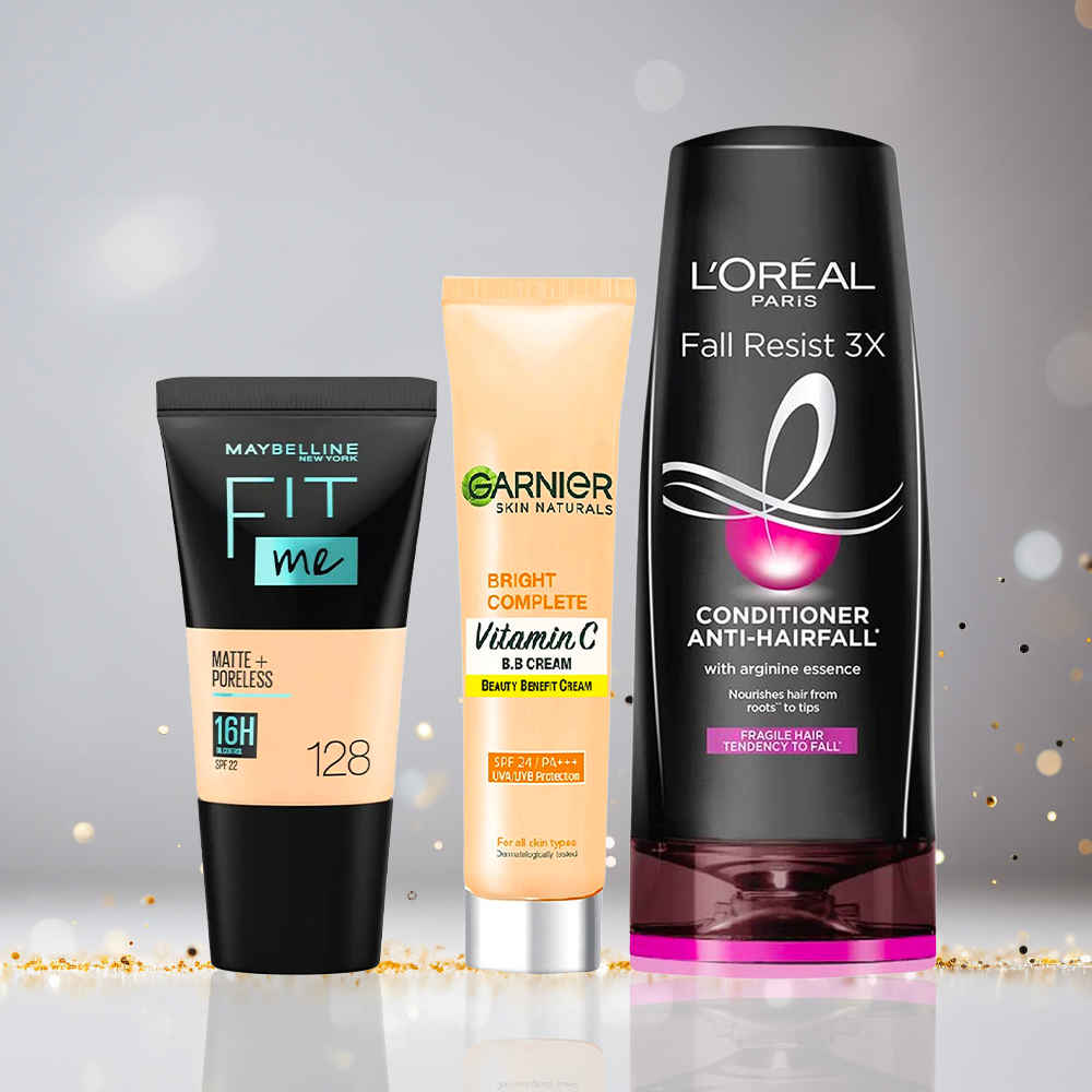 Buy Maybelline x Garnier x L'Oreal Paris Ready to Party Combo (Maybelline Fit Me foundation, 115 Ivory (18 ml), Garnier Bright Complete BB Cream (30 gm), L'Oreal Paris Fall resist 3X Anti Hair Fall Conditioner (180 ml)) - Purplle