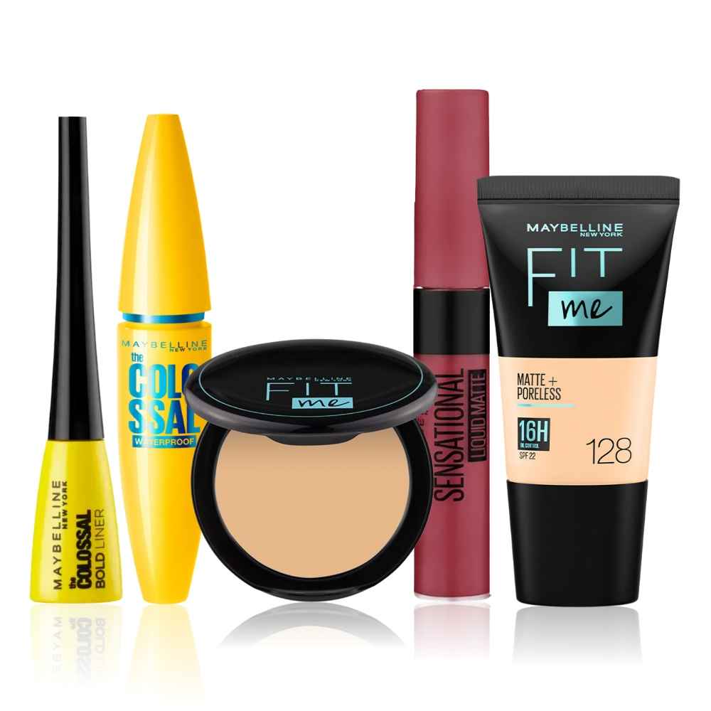 Buy Maybelline NewYork Chic & Charming Essentials Kit 1 |Fit Me Compact 128 (6 gm) | Fit Me Liquid Foundation 128(18 ml) | Colossal Mascara Black (10 gm) |Colossal Eyeliner Black(3 gm) |Sensational Liquid Lipstick 24 Touch Of Spice (7 ml) - Purplle