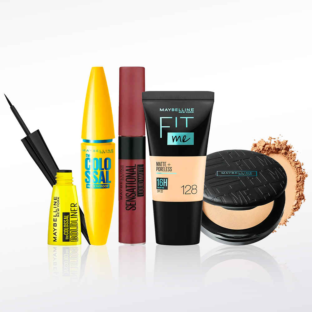 Buy Maybelline NewYork Chic & Charming Essentials Kit 3 |Fit Me Compact 128(6 gm) | Fit Me Liquid Foundation 128 (18 ml) | Colossal Mascara Black (10 gm) |Colossal Eyeliner Black (3 gm) |Sensational Liquid Lipstick 21 Nude Nuance (7 ml) - Purplle