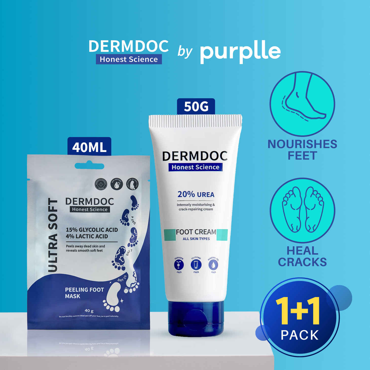 Buy DERMDOC Ultimate Foot Renewal Duo | DERMDOC 15 % Glycolic Acid & 4% Lactic Acid InstaPedi Foot Peeling Mask (40 ml) | DERMDOC by Purplle 20% Urea Foot Cream (50 gm) - Purplle