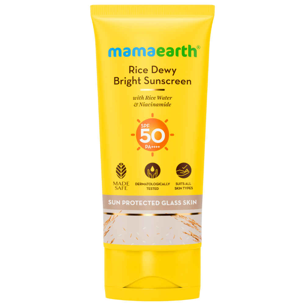 Buy Mamaearth Rice Water Dewy Sunscreen with Rice Water & Niacinamide 80 gm | Gives SPF50 & PA++++ Protection | For Glass Skin Glow | Evens Skin Tone | Tan,UVA & UVB Protection | No White Cast | All Skin Types - Purplle