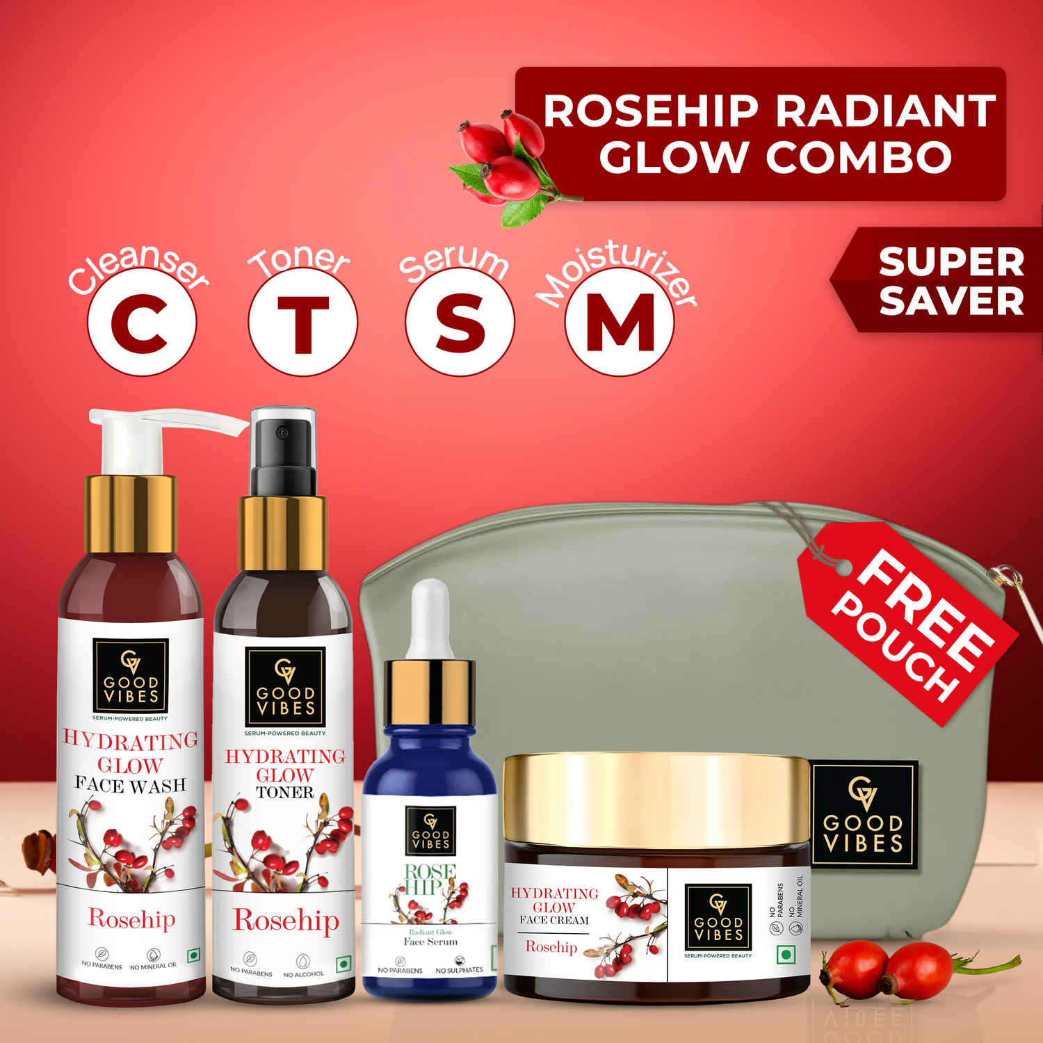 Buy Good Vibes Rosehip Range Combo Kit (Face Wash 200 ml + Toner 120 ml + Face Serum 10 ml + Face Cream 50 gm) - Purplle