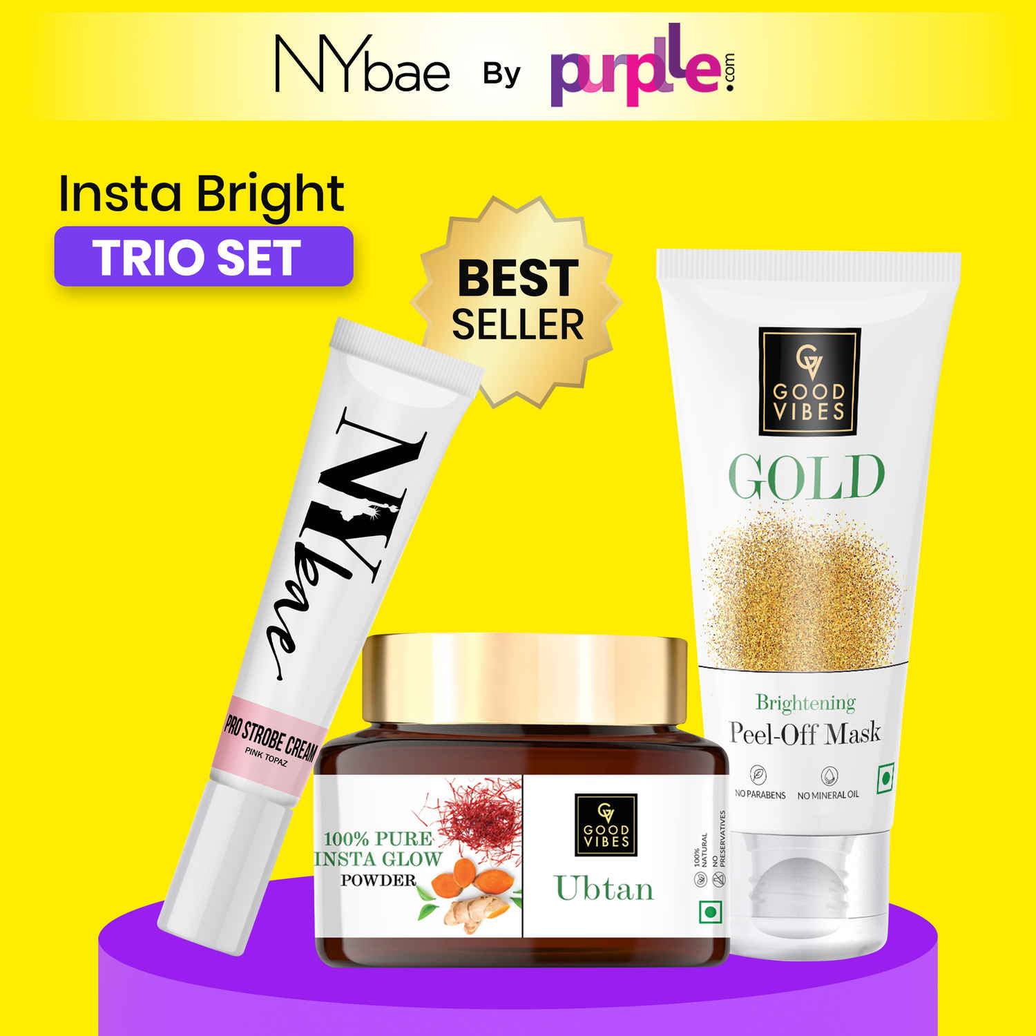 Buy Good Vibes x NY Bae Insta-Bright Trio Set | Good Vibes Gold Brightening Peel Off Mask (50 gm) | Good Vibes Ubtan Glow Powder (150 gm) | NY Bae Highlighting Strobe Cream Pink Topaz (12 gm) | Glowing Skin | Korean Glow - Purplle