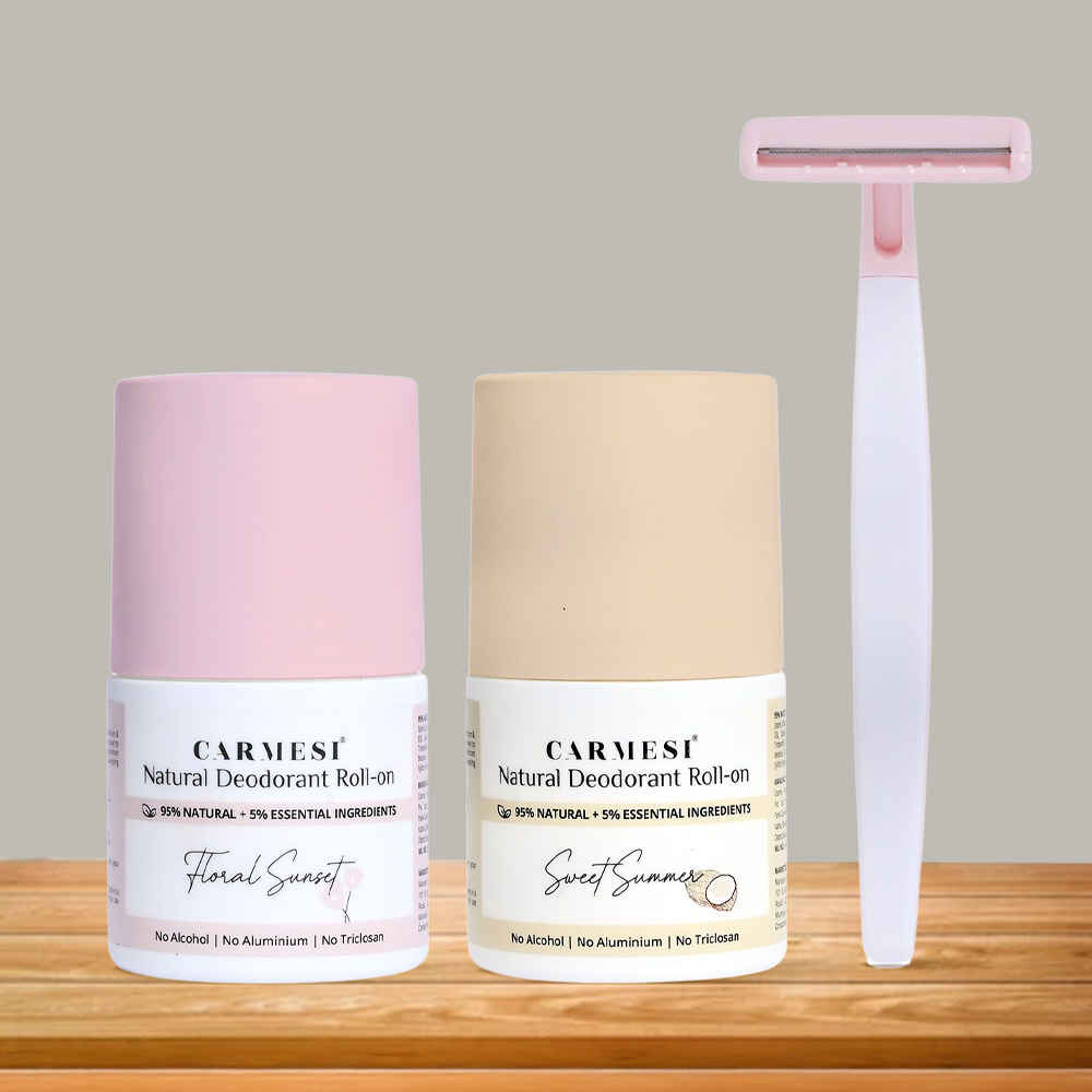 Buy Carmesi Bikini Razor & Natural Deodorant Roll-Ons | Irritation-Free Shaving of Bikini Line | Fresh Underams All Day | 1 Bikini Razor & 2 Natural Deodorant Roll-Ons (Floral Sunset & Sweet Summer) - Combo of 3 - Purplle